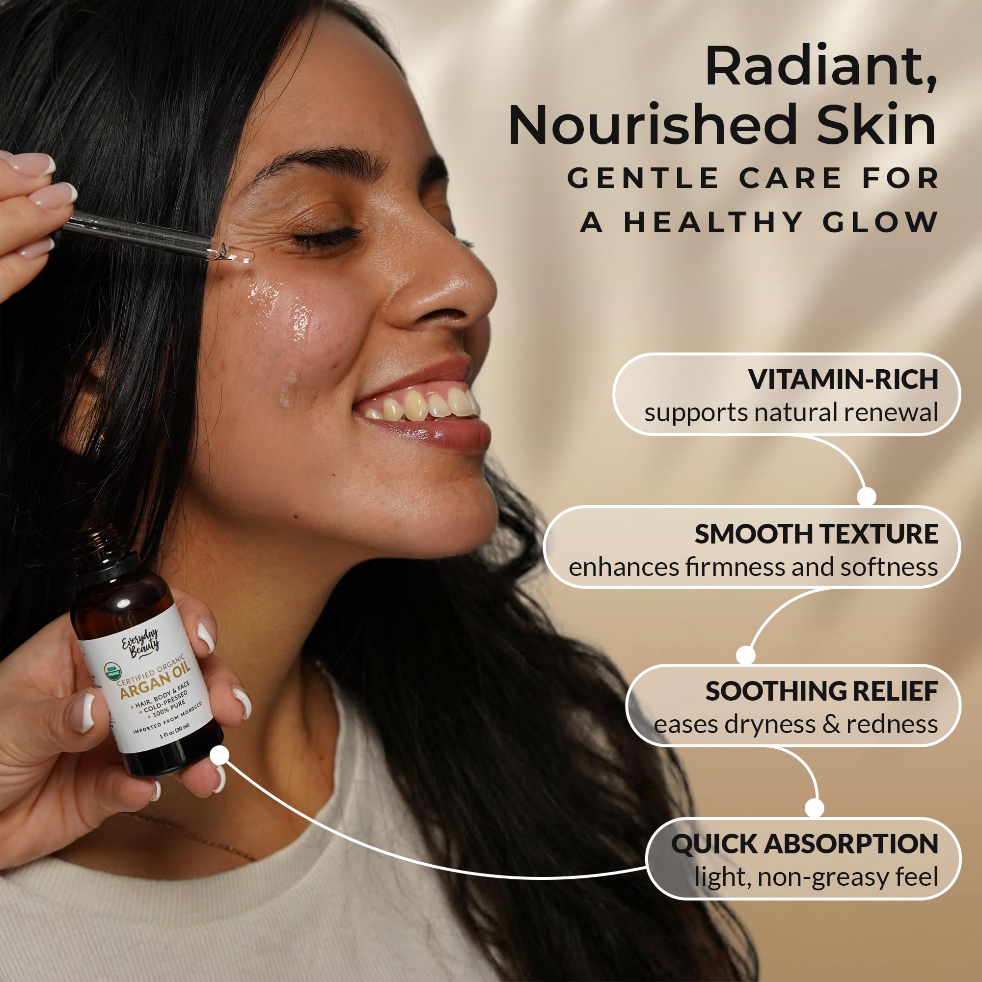 Aplicación suave de Aceite de Argán Everyday Beauty con gotero para rostro y piel