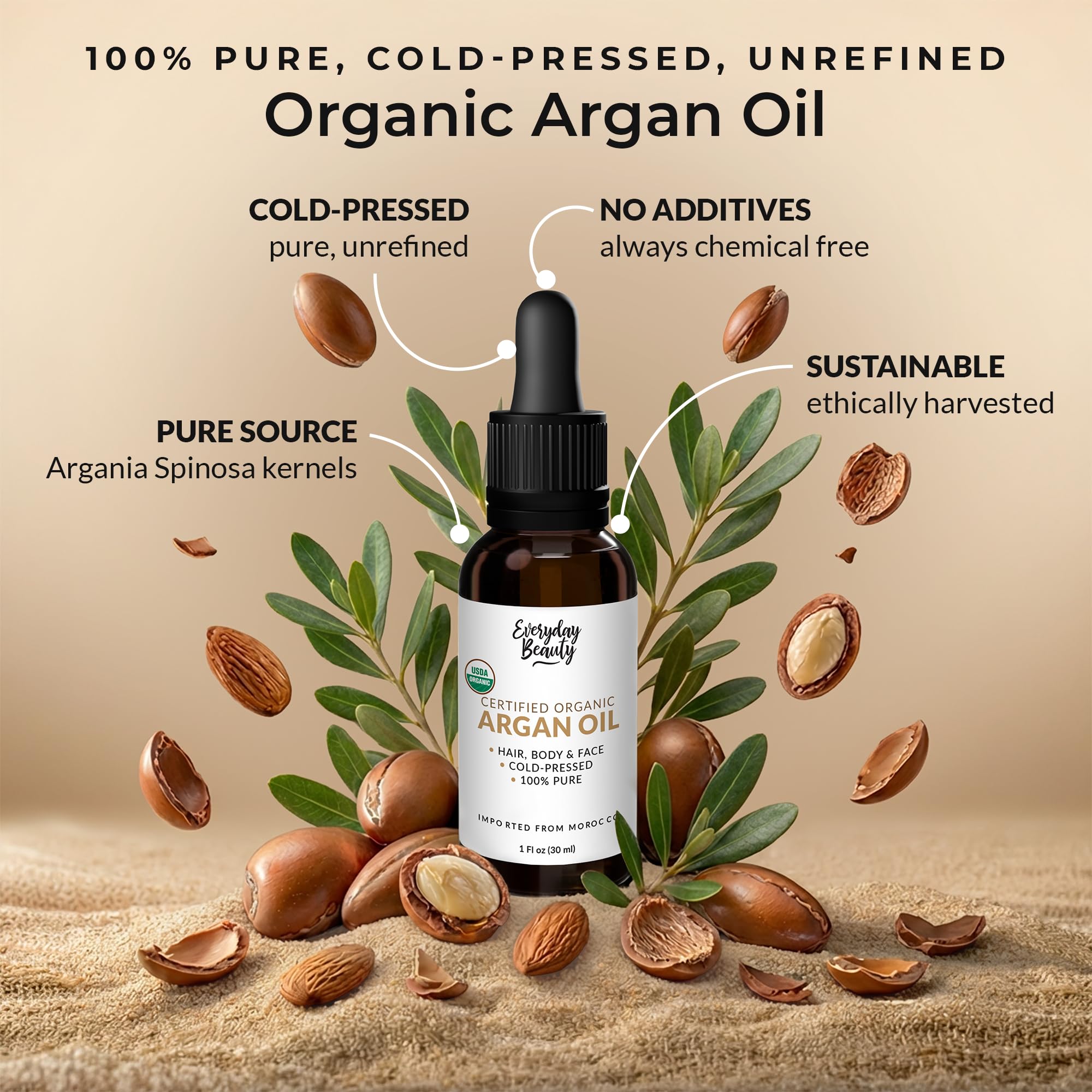 Aceite de Argán Everyday Beauty en frasco ámbar para aplicación controlada