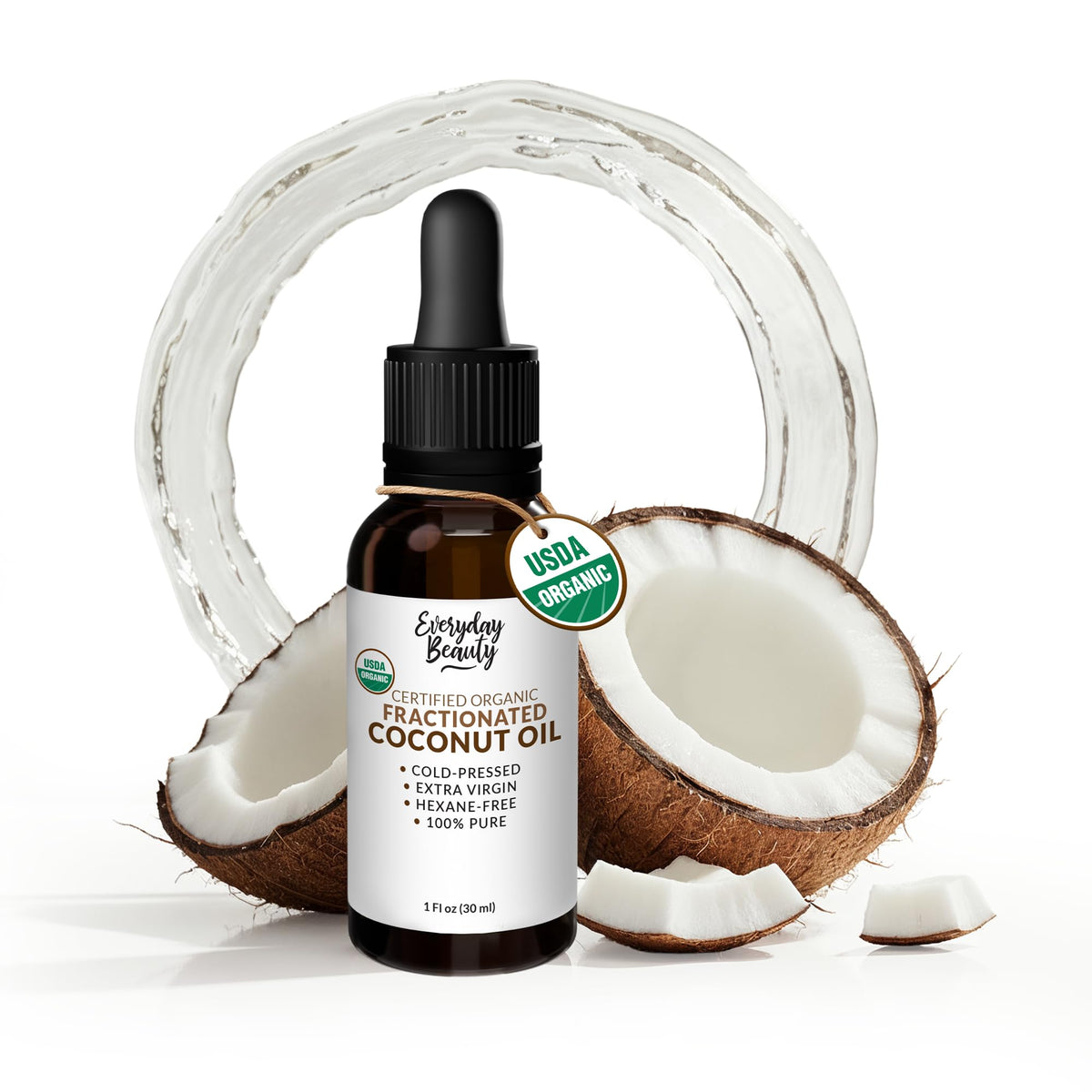 Everyday Beauty: aceite de coco fraccionado en bote ámbar con gotero para hidratación suave.