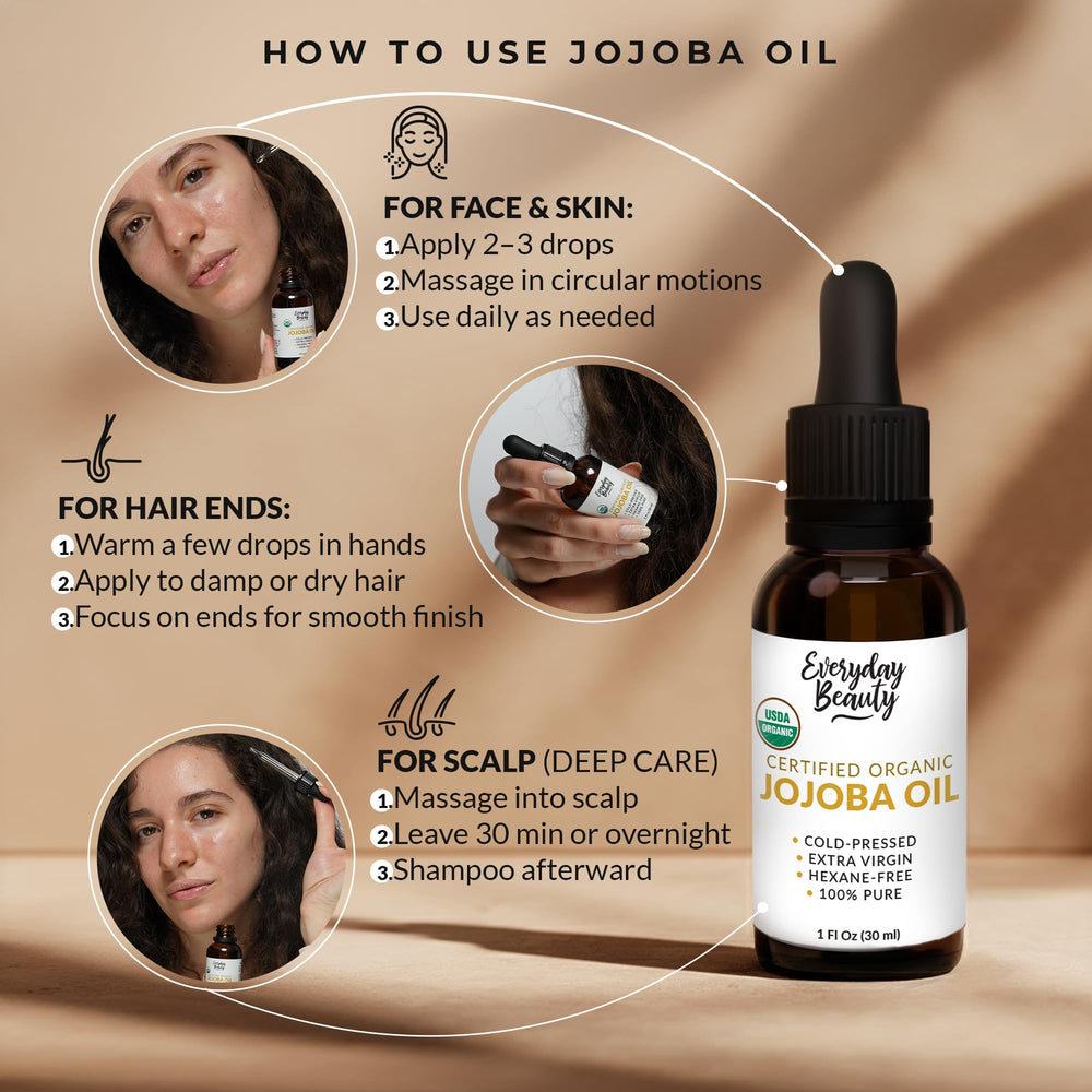 Piel seca mejora con Aceite de Jojoba Orgánico Everyday Beauty, hidratación ligero