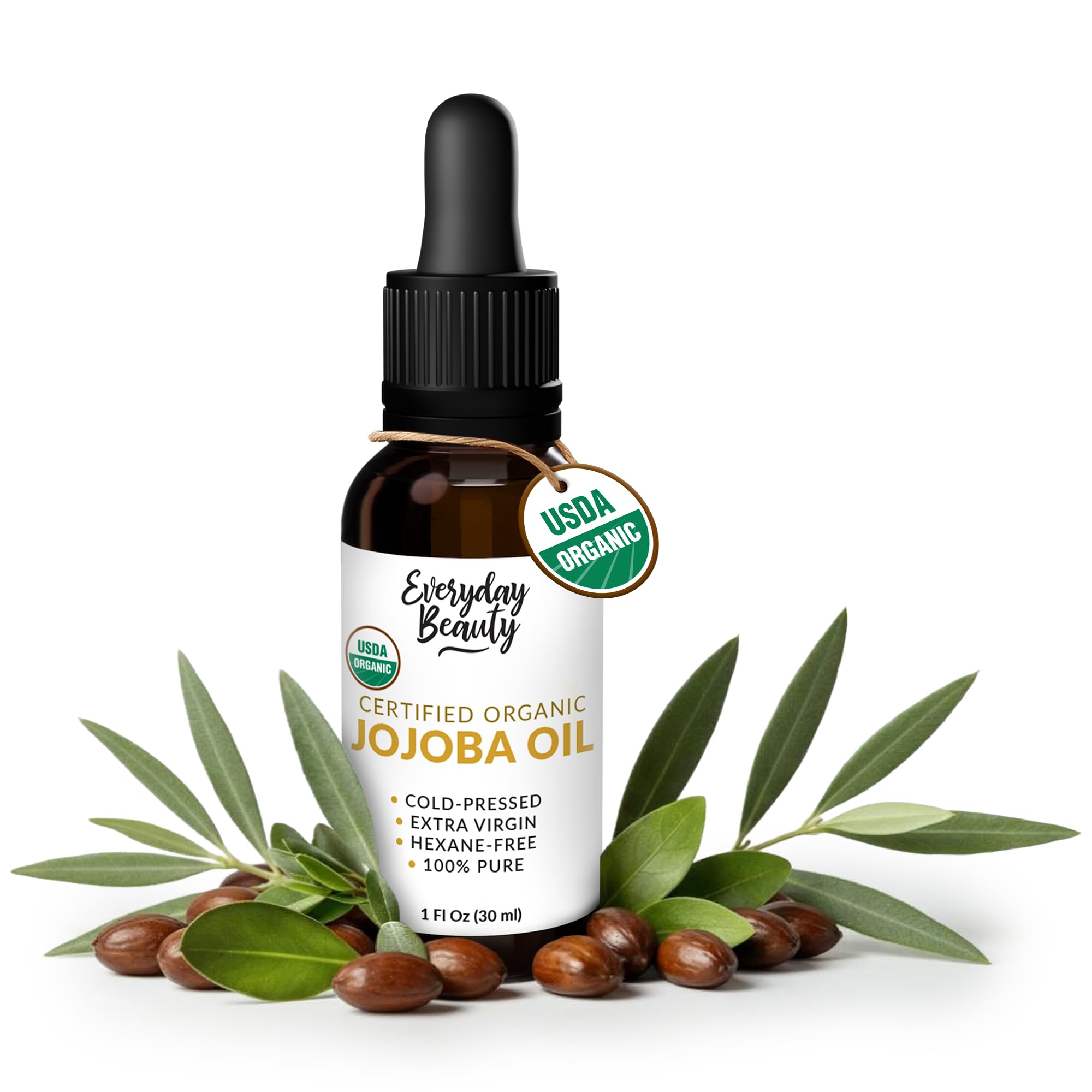 Aceite de Jojoba Orgánico de Everyday Beauty, frasco ámbar, hidratación suave para rostro y piel