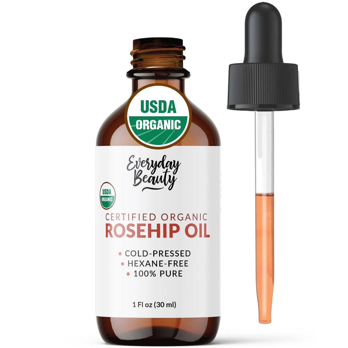 Aceite de rosa mosqueta de Everyday Beauty en botella ámbar para hidratación suave de la piel.