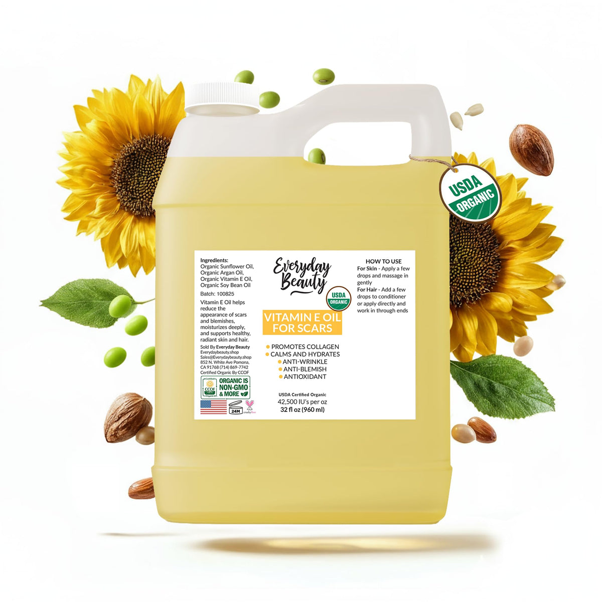 Everyday Beauty Aceite Vitamina E Orgánico en botella: hidratación suave para piel.