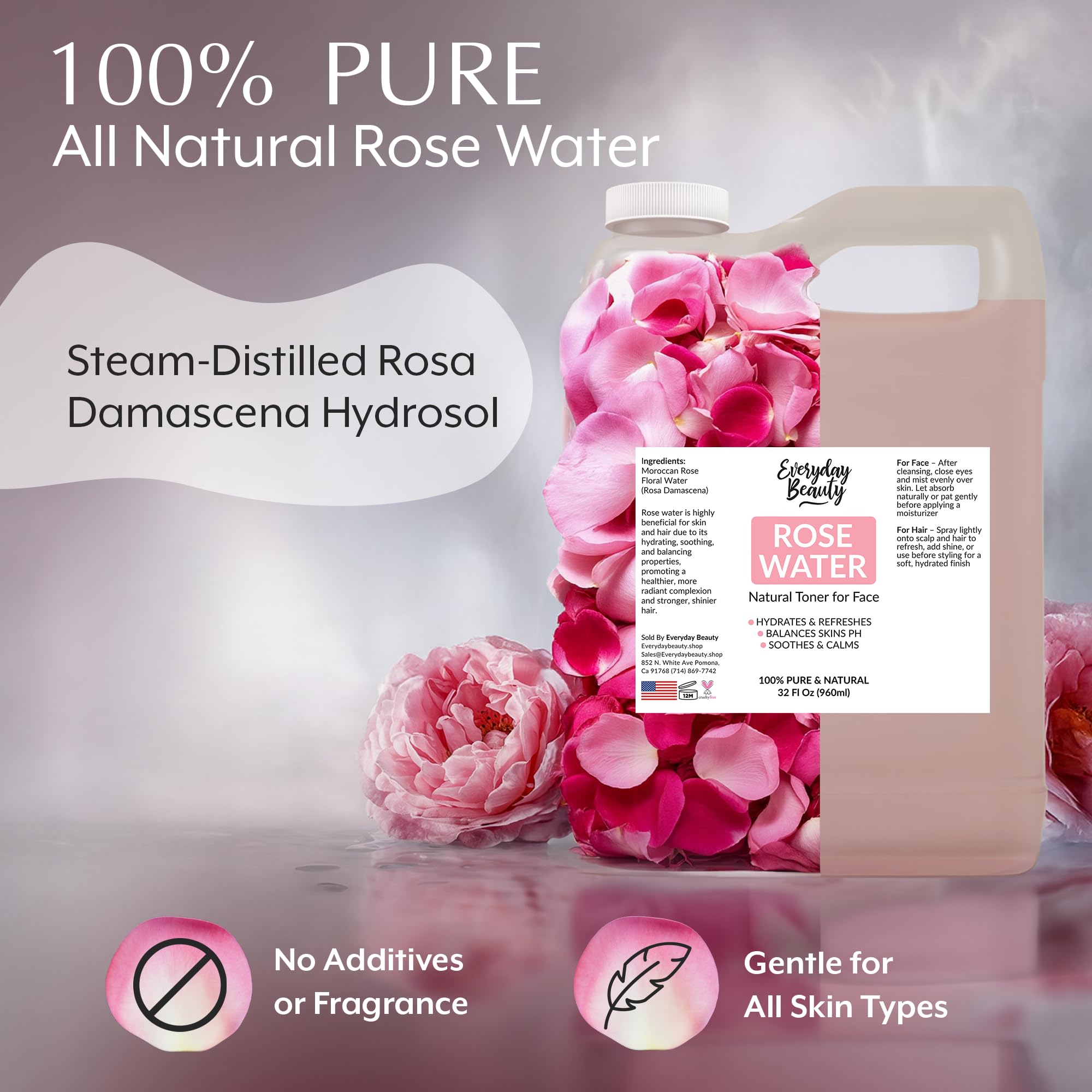 Eau de rose Everyday Beauty apaisante en flacon, douceur pour les peaux sensibles.