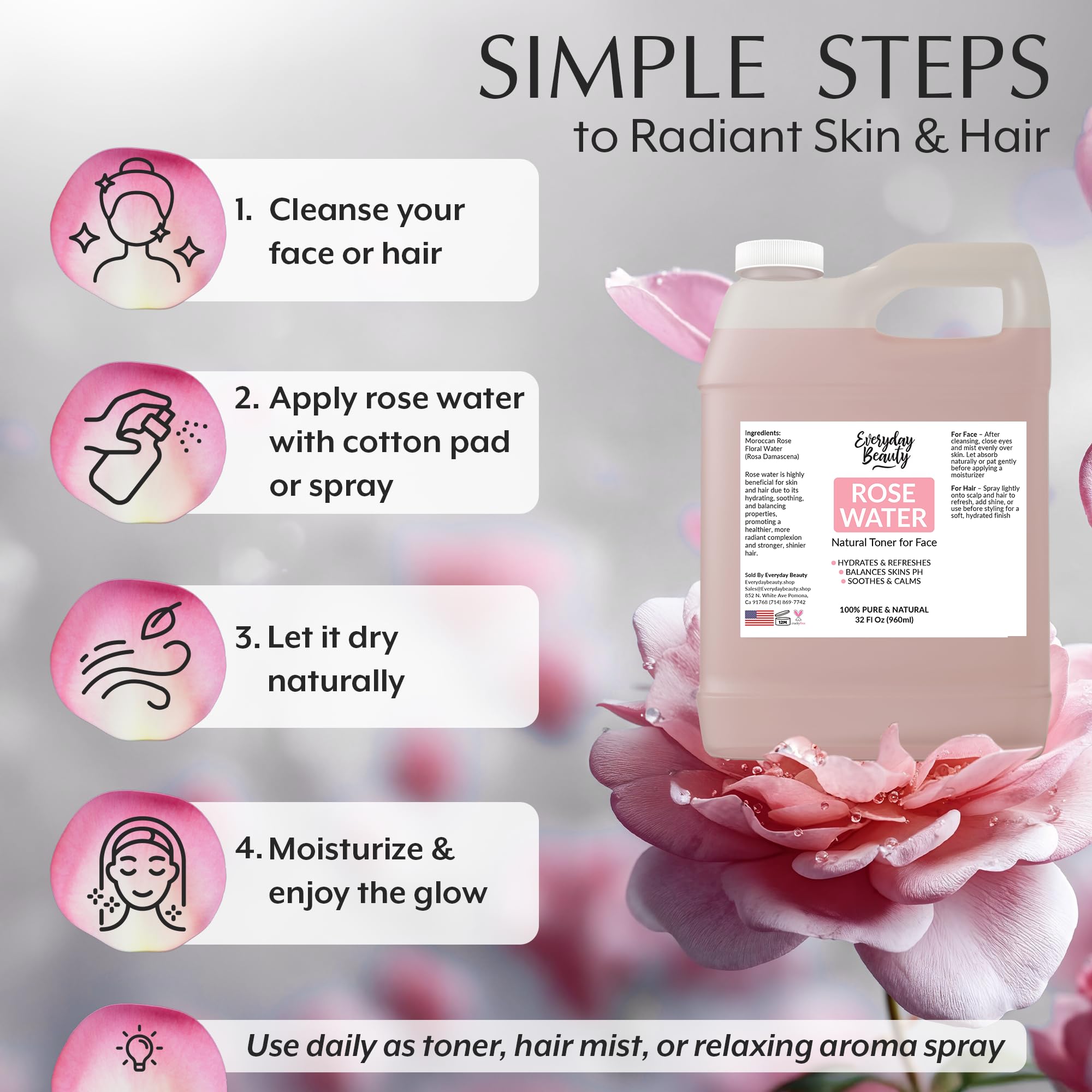 Usage quotidien Everyday Beauty eau de rose pour visage et cheveux.