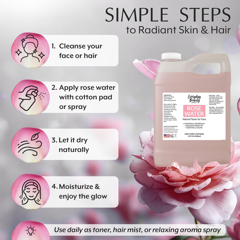Usage quotidien Everyday Beauty eau de rose pour visage et cheveux.
