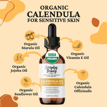 Ingrédients bio calendula et huiles végétales, soin nourrissant pour le visage.