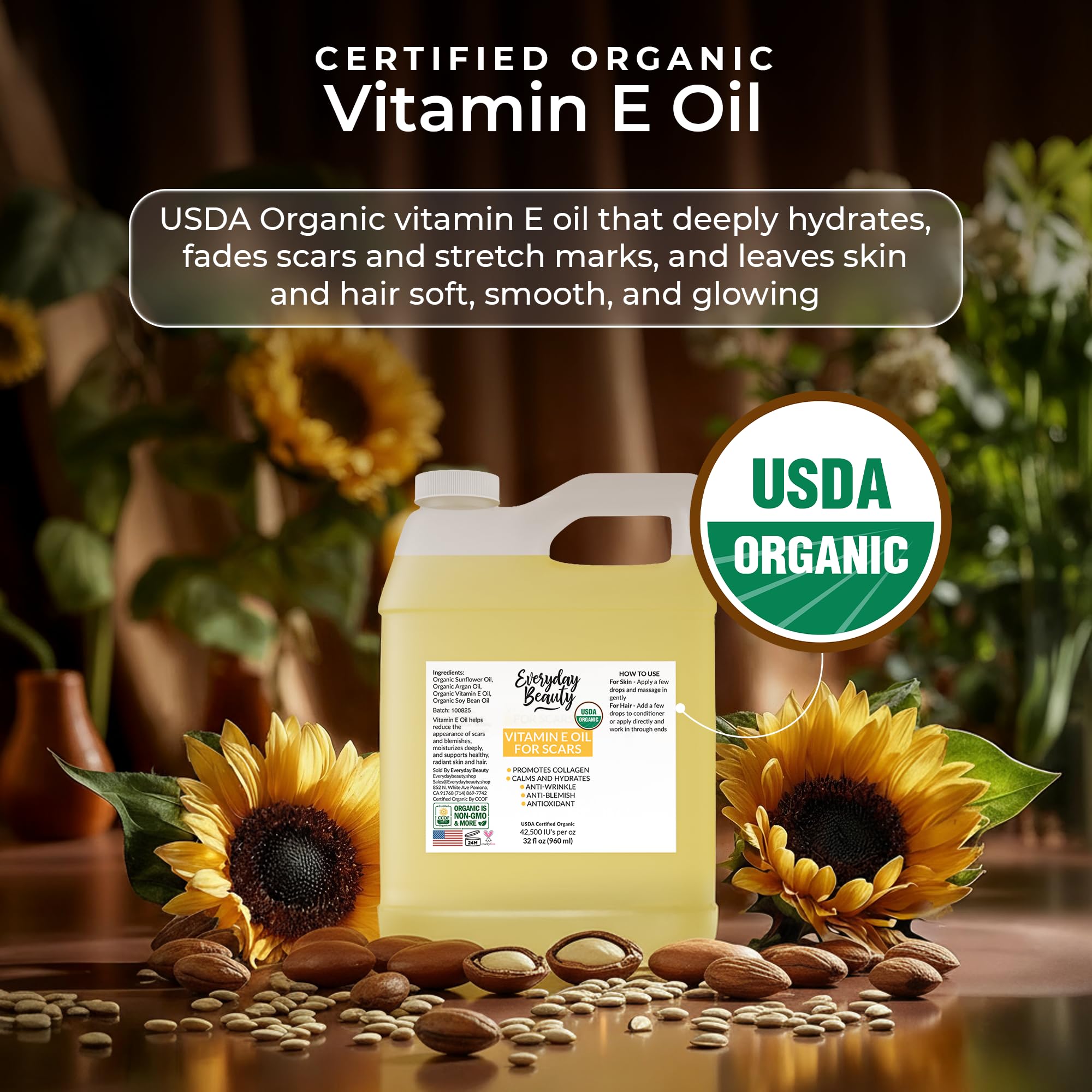 Everyday Beauty Ingredientes orgánicos: aceites nutritivos para piel, cabello y uñas.