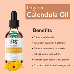 Everyday Beauty Organic Calendula Oil ingredients include calendula, jojoba, sunflower, marula, and vitamin E.
