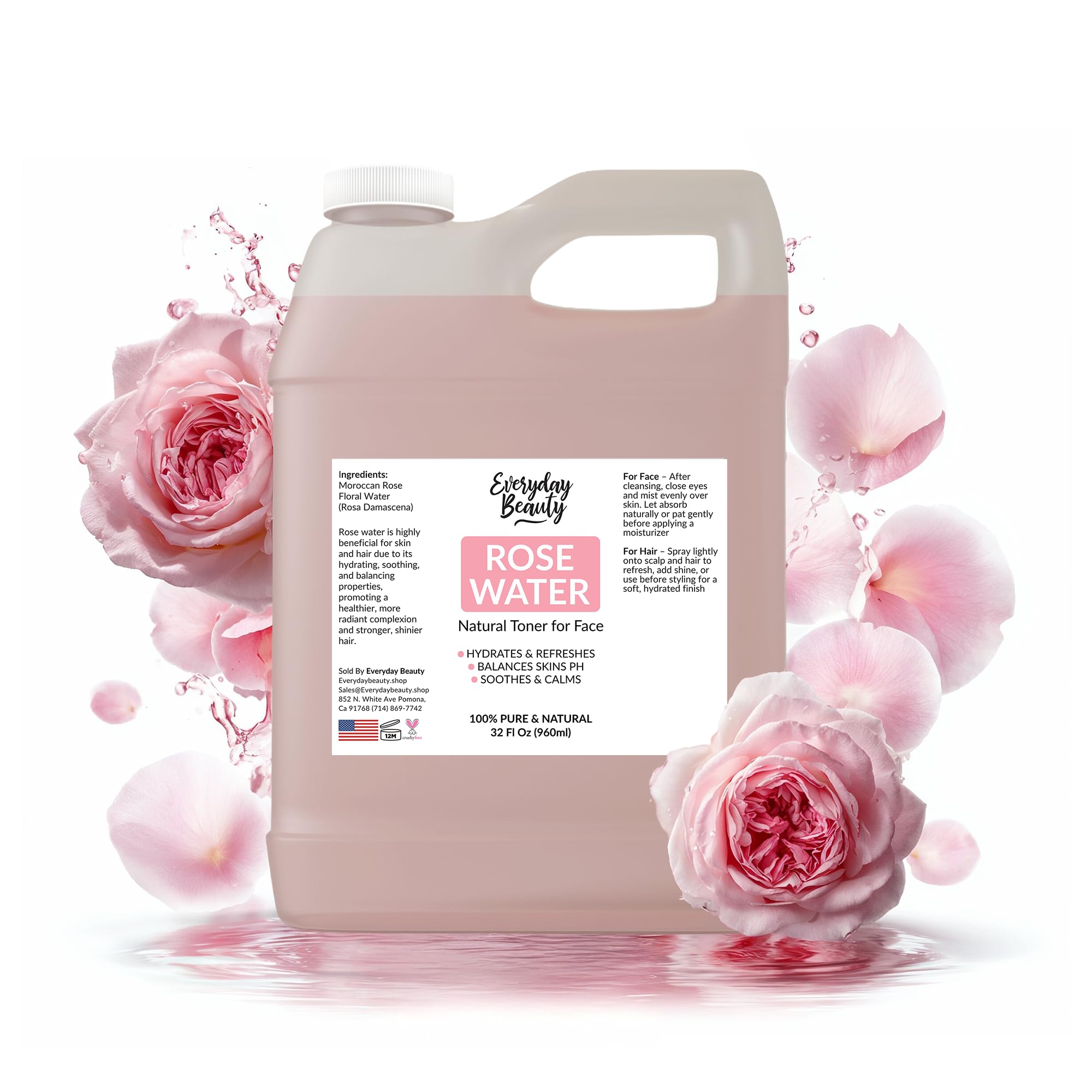 Tonique Everyday Beauty eau de rose en bouteille, 32 onces, hydrate et apaise la peau.