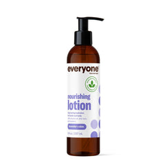 Loción nutritiva de lavanda y aloe de Everyone en bote, hidratación suave para piel diaria.