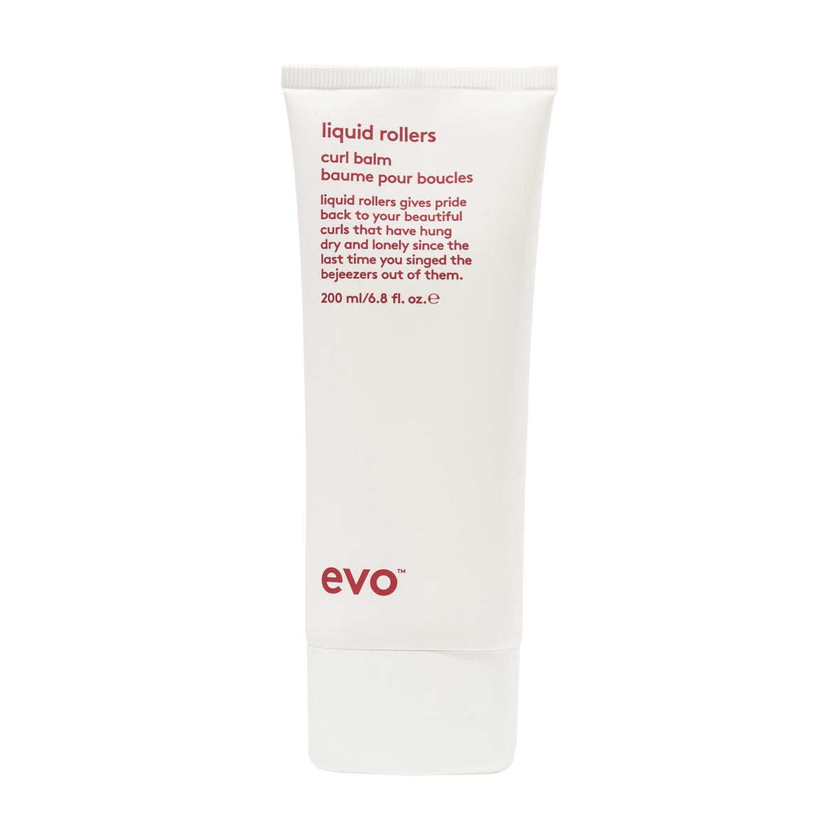 EVO Liquid Rollers Curl Balm junto al envase, definición suave y control del frizz