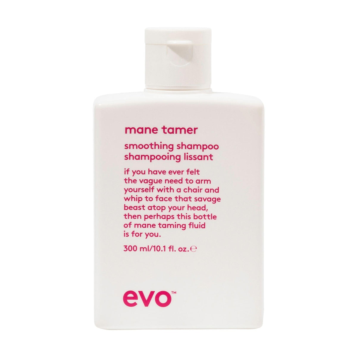 EVO Mane Tamer Shampoo — bouteille lissante pour des cheveux disciplinés et brillants.