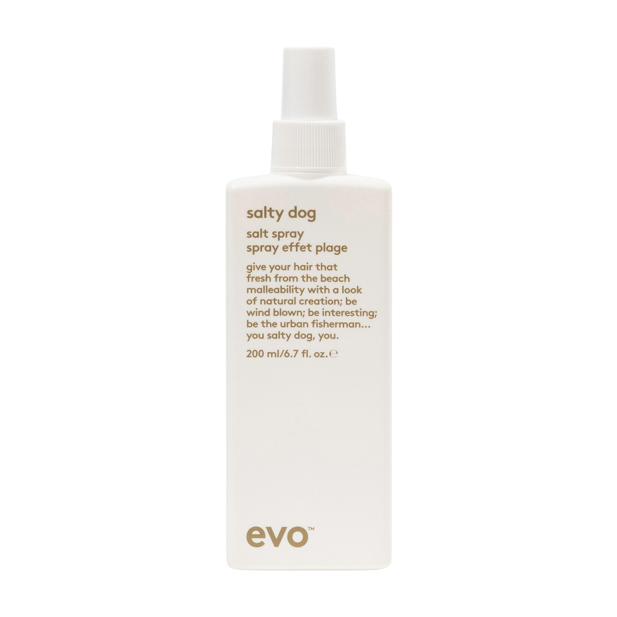 EVO Salty Dog Spray: botella frontal con textura de playa y acabado mate