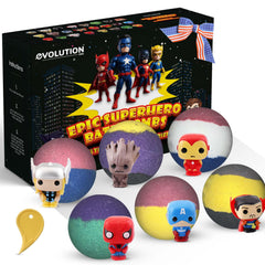 EvolutionUSA bomba de baño superheroica epica con juguete dentro, diversión segura