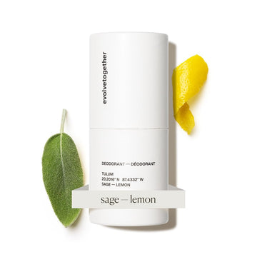 Desodorante evolvetogether en empaque elegante, fragancia cítrica-herbal para uso diario.