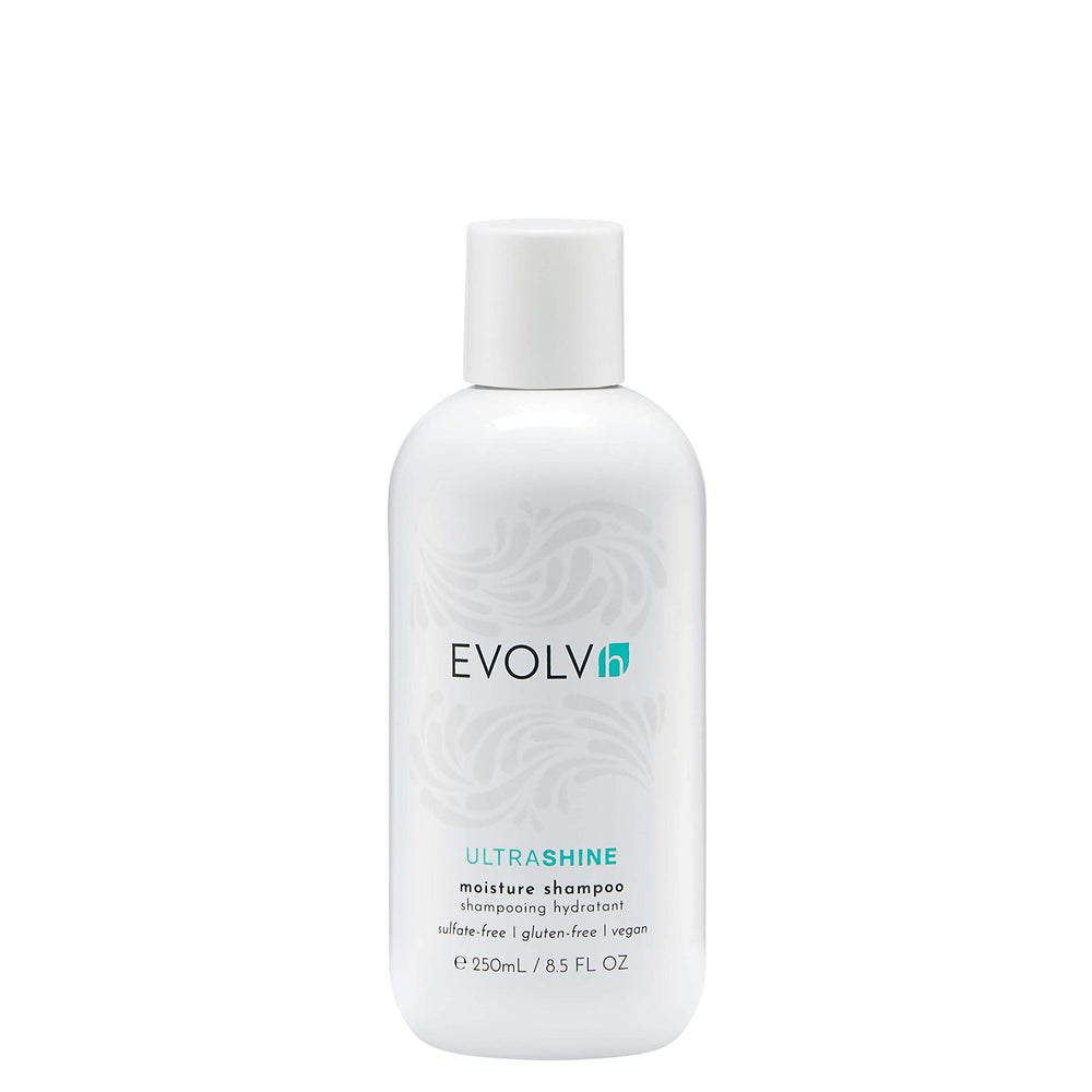 EVOLVh UltraShine muestra la botella del champú hidratante para cabello sedoso y suave.