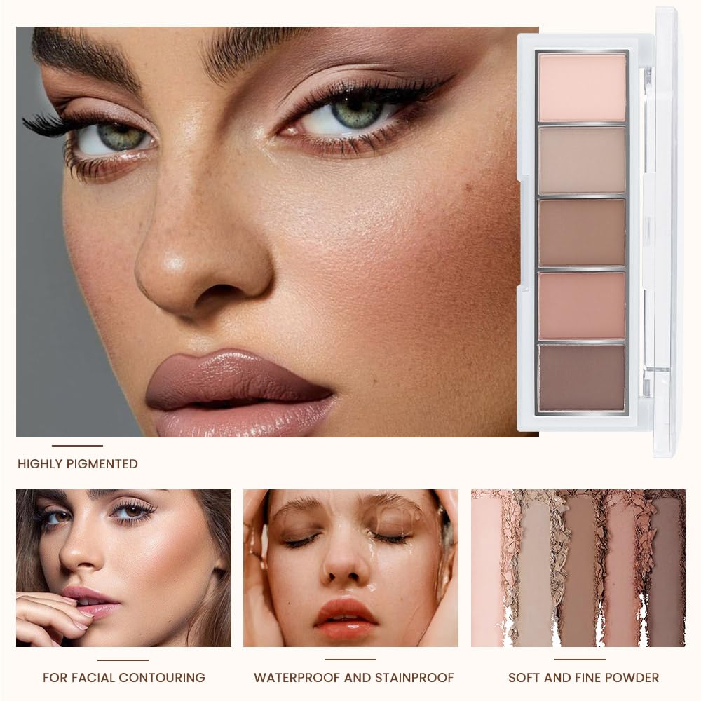 Evpct paleta sombras mate 5 colores, muestras de pigmento visibles.