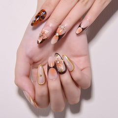 evpct uñas 3D almendra media con diseño leopardo flor y dorados