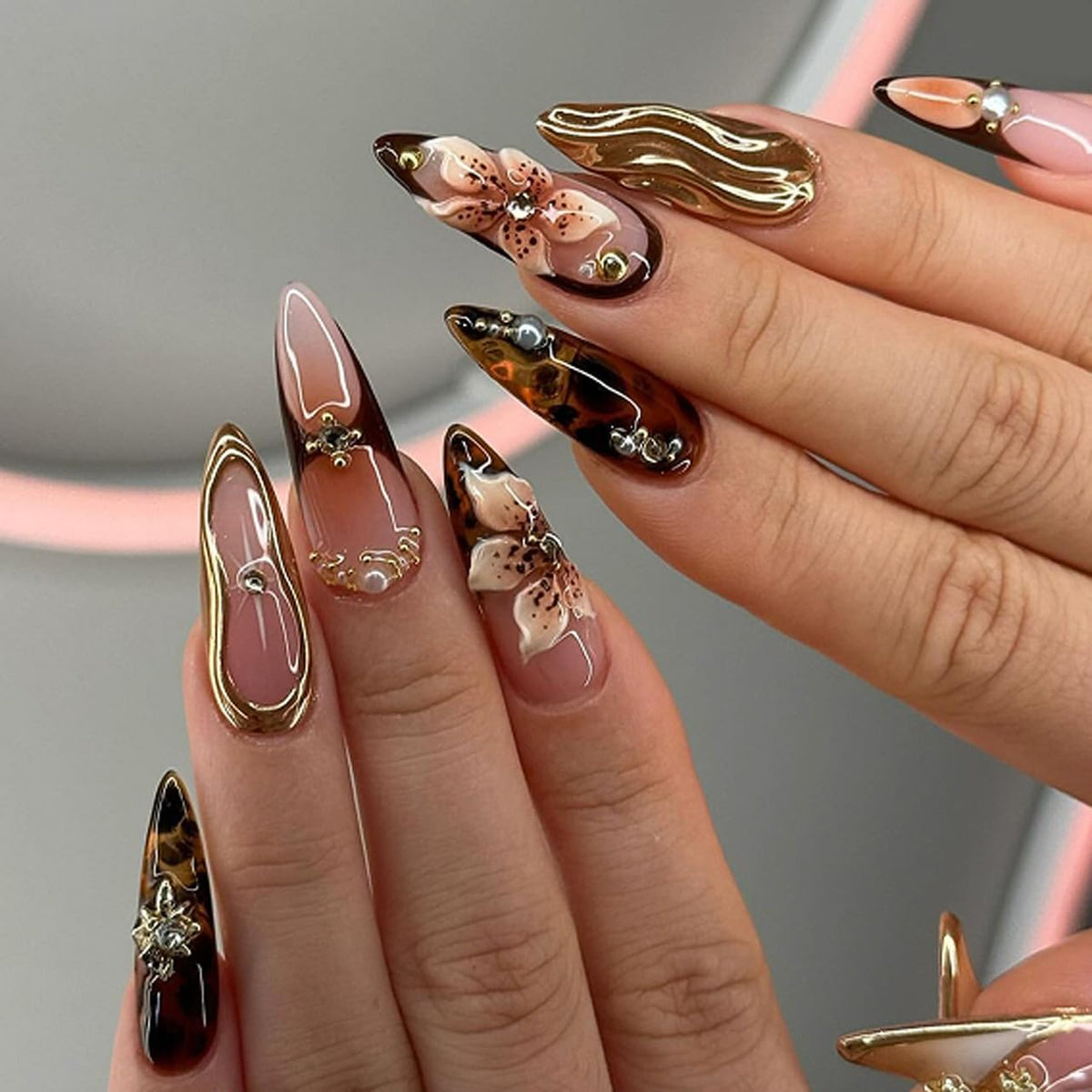 evpct uñas postizas 3D en almendra media con leopardo y flor, ideal para ocasiones