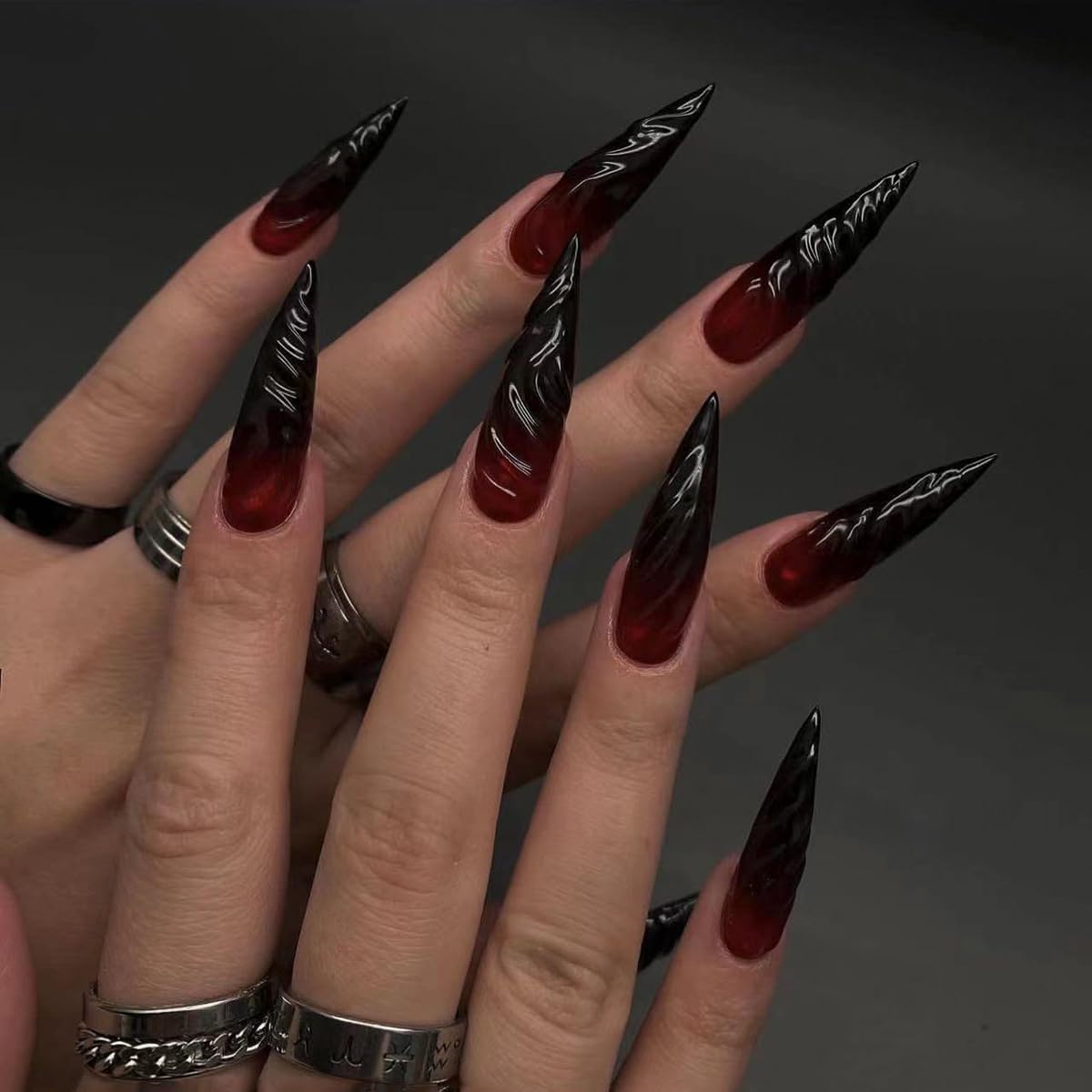 evpct uñas postizas ombre rojo negro en forma almendra con acabado brillante para uso diario