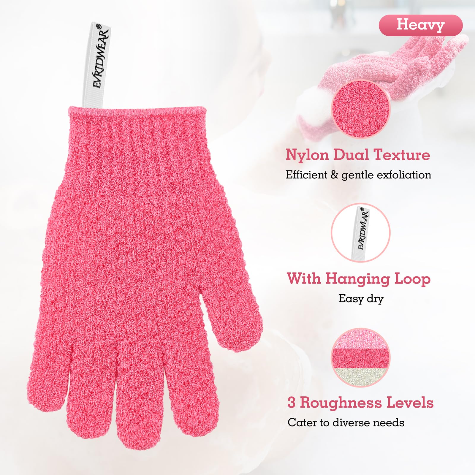 Guante exfoliante Evridwear con textura suave para uso diario en la ducha.