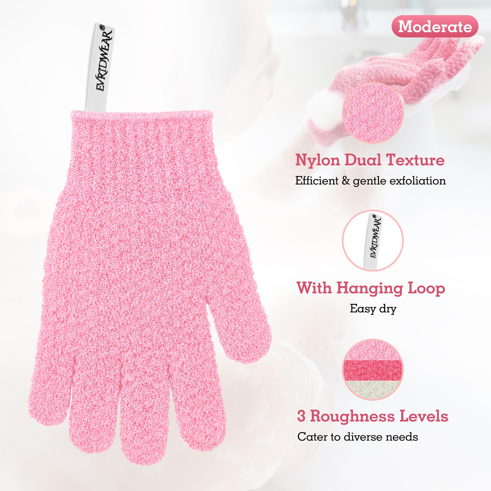 Guante exfoliante Evridwear de nylon con textura doble para eliminar células muertas.