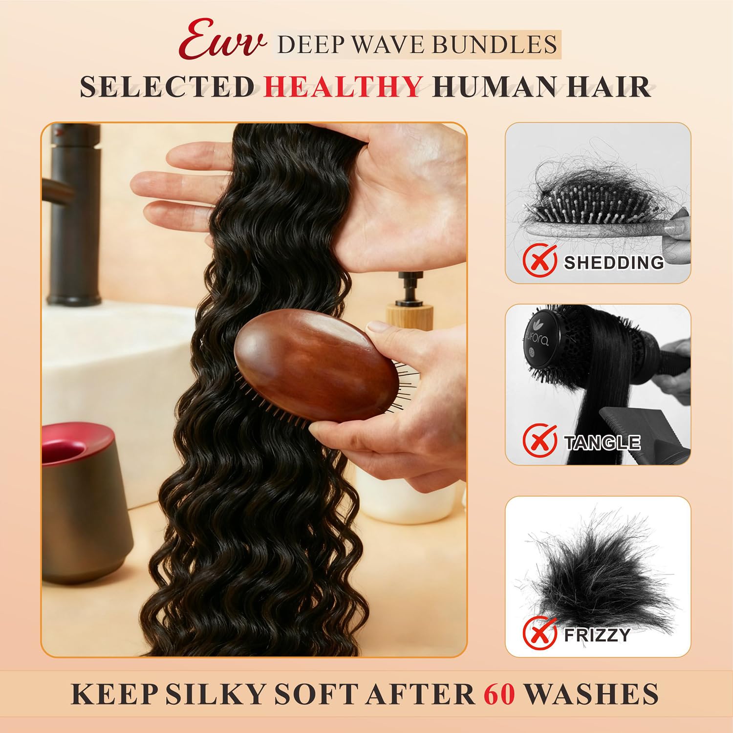 EWV: detalle de cabello virgen brasileño con onda profunda y brillo natural.