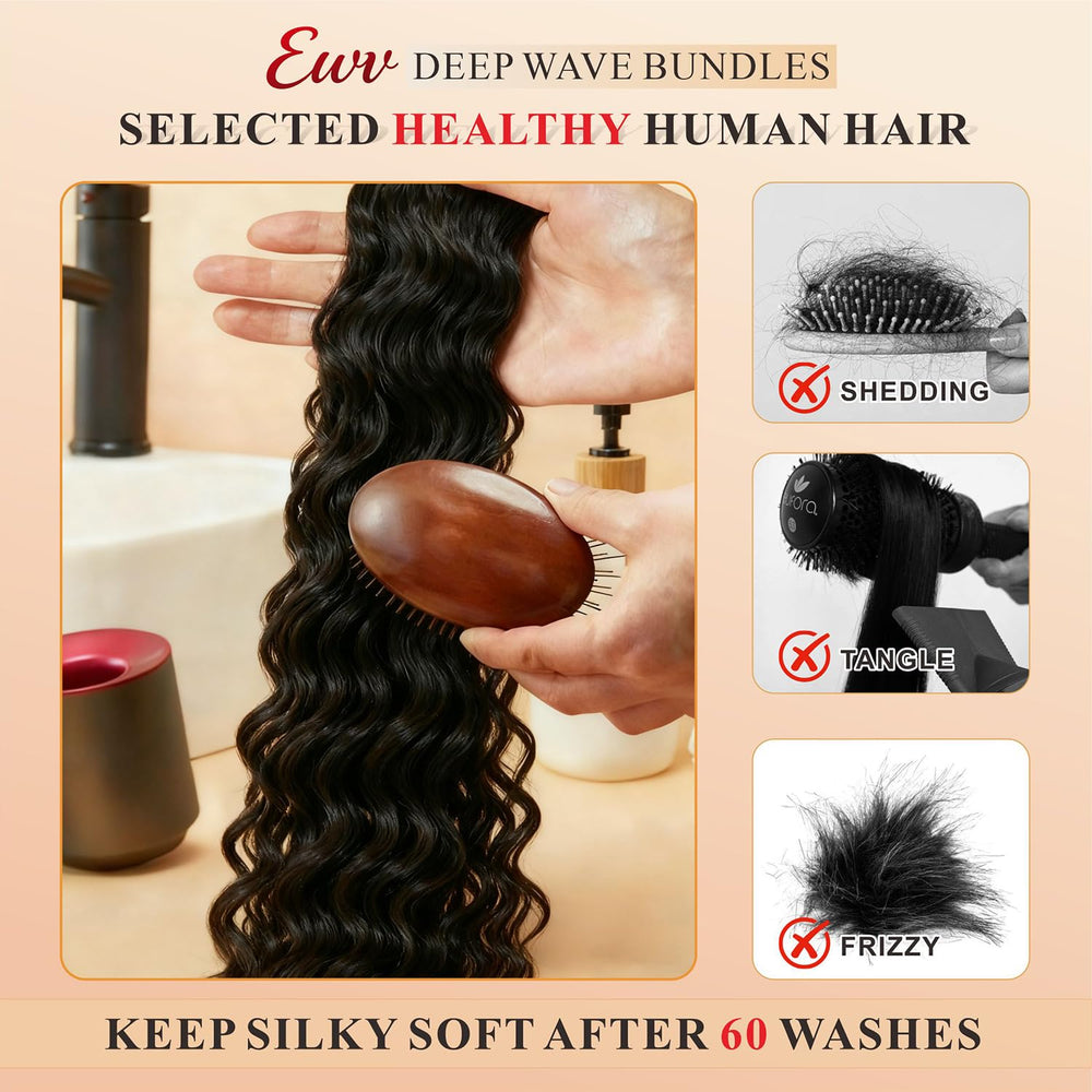 EWV: detalle de cabello virgen brasileño con onda profunda y brillo natural.