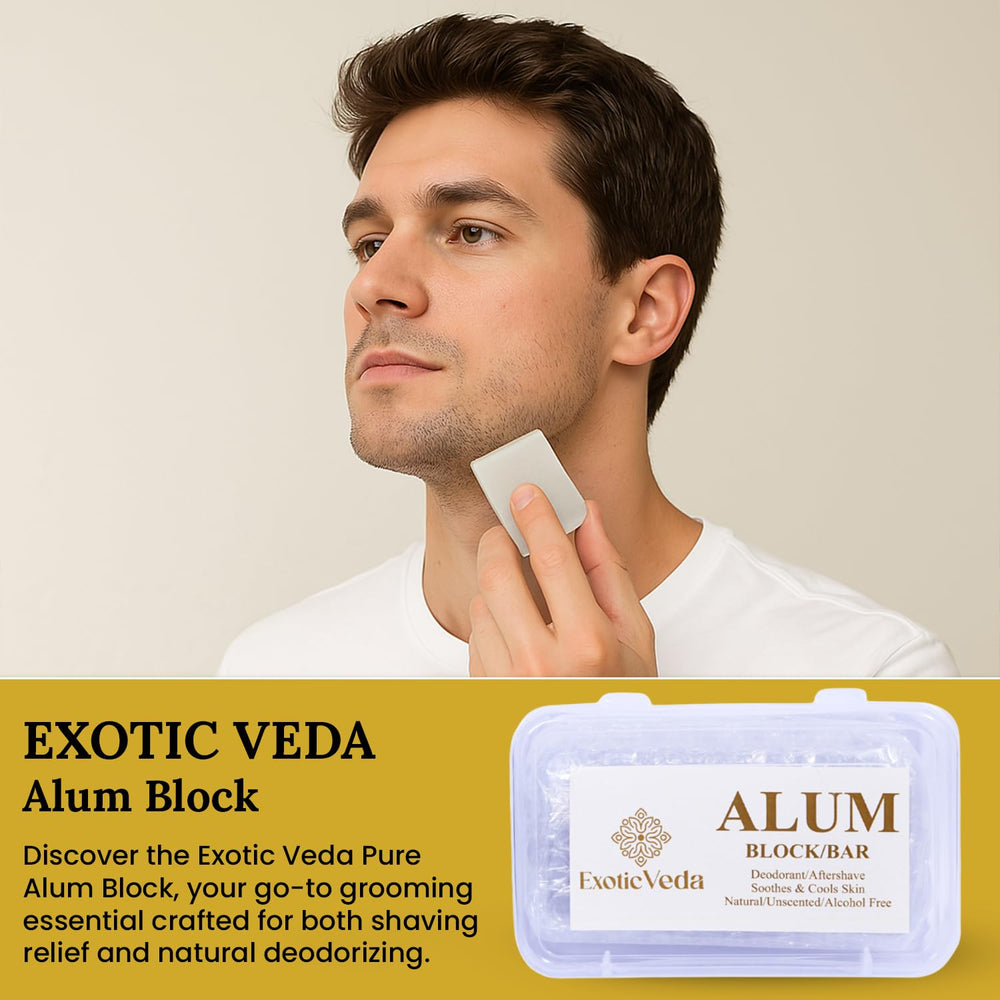Exotic Veda uso post-afeitado, alivia irritación y sella pequeños cortes.