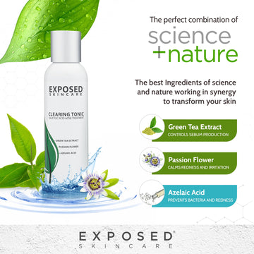 Clear liquid inside the Exposed Skin Care Clearing Tonic bottle.