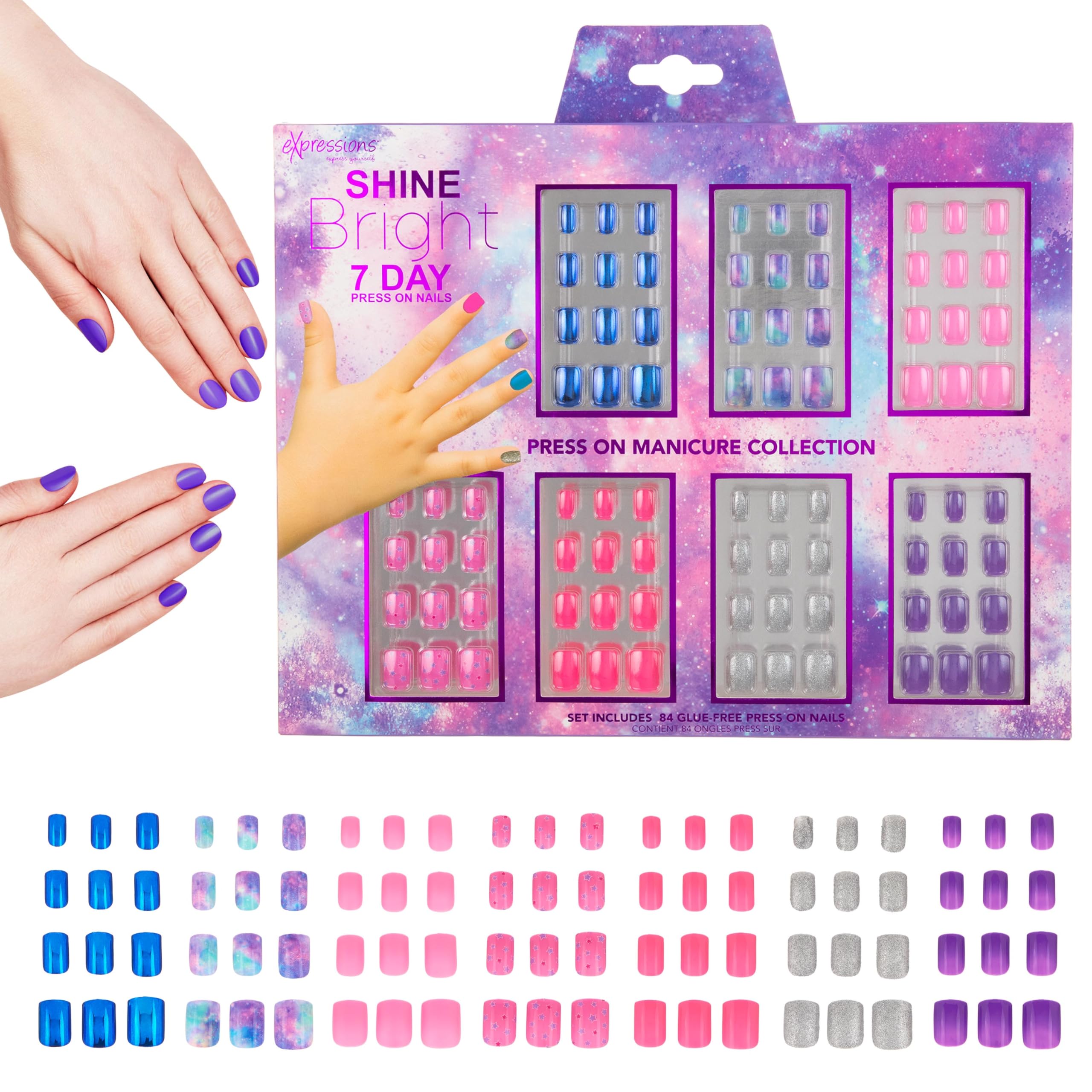 Conjunto Expressions de uñas postizas para 7 días con diseños variados.