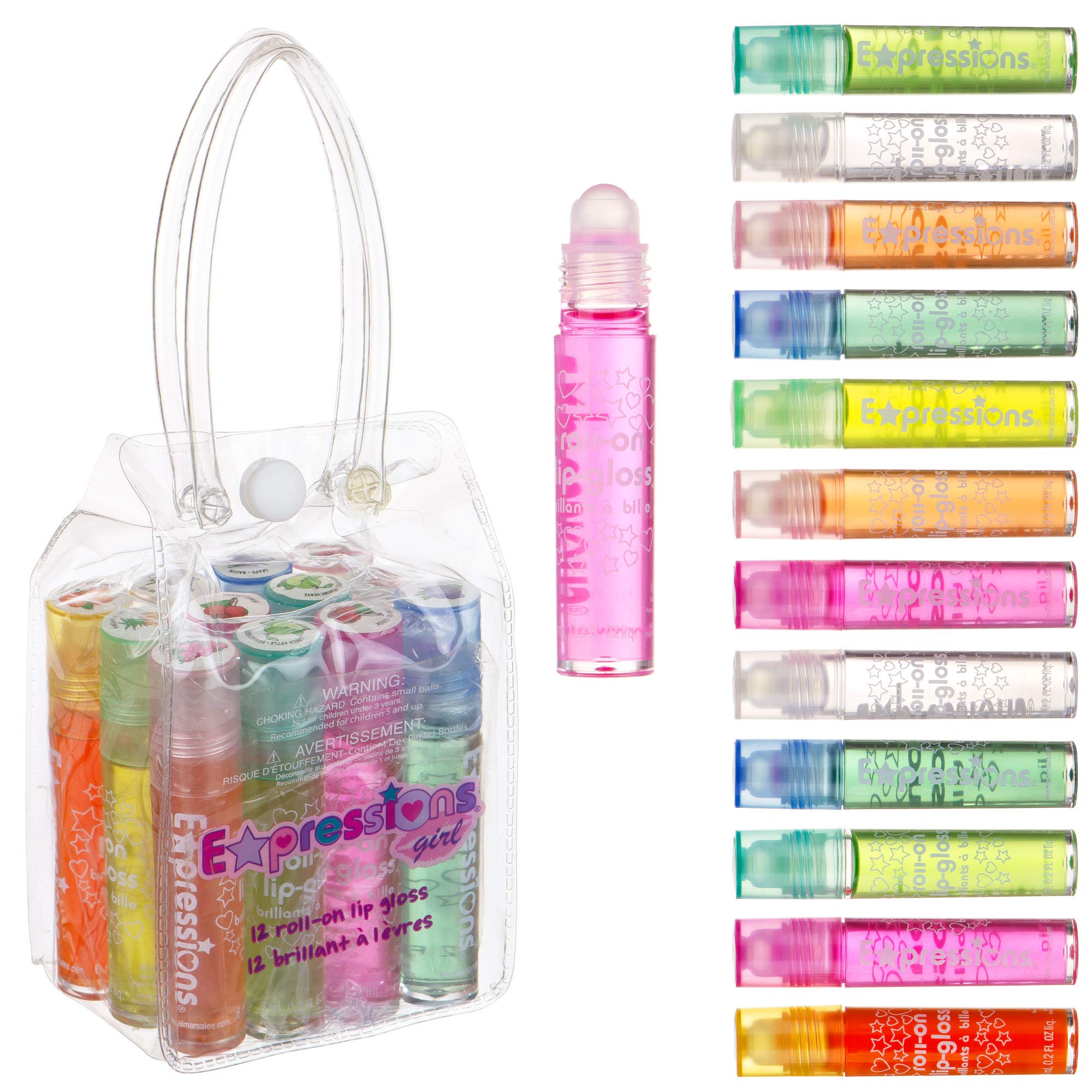 Conjunto Expressions Girl de 12 brillos labiales con rodillo en estuche, ideal para llevar.