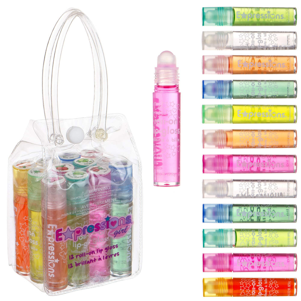 Conjunto Expressions Girl de 12 brillos labiales con rodillo en estuche, ideal para llevar.