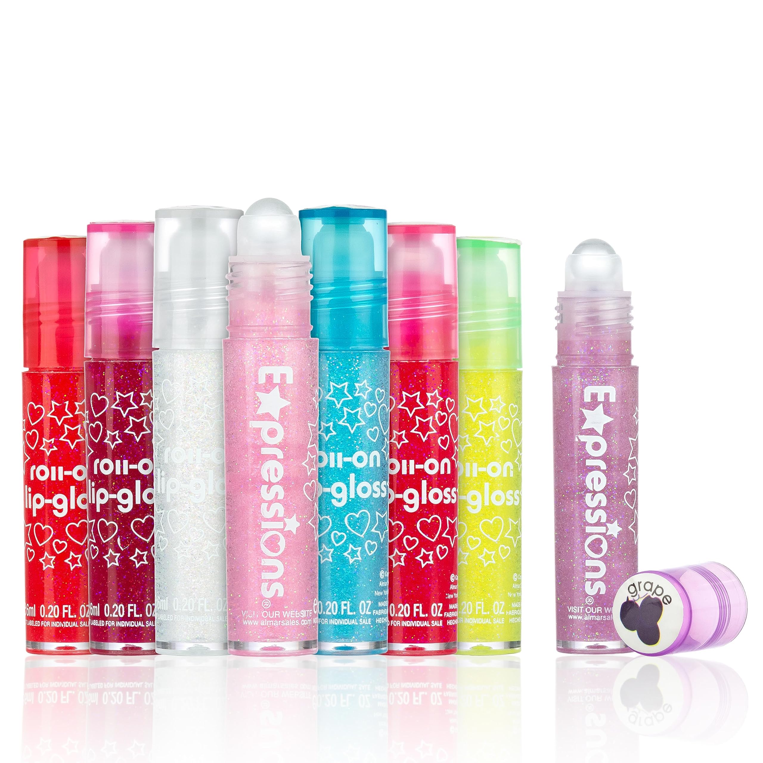 EXPRESSIONS set de 8 glosses con rodillo, 8 sabores frutales para niñas divertirse.