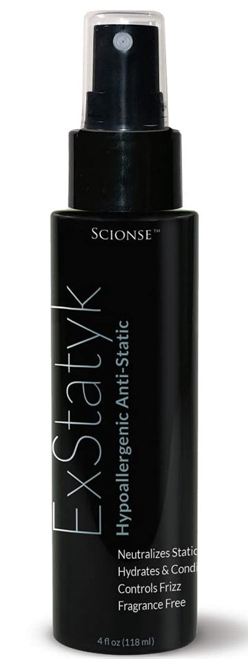 ExStatyk en botella emite niebla antiestática para cabello suave y libre de encrespamiento.