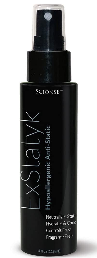 ExStatyk en botella emite niebla antiestática para cabello suave y libre de encrespamiento.
