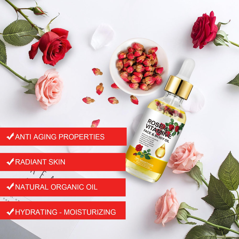 Extracto de rosa y Vitamina E para cuidado suave de la piel.