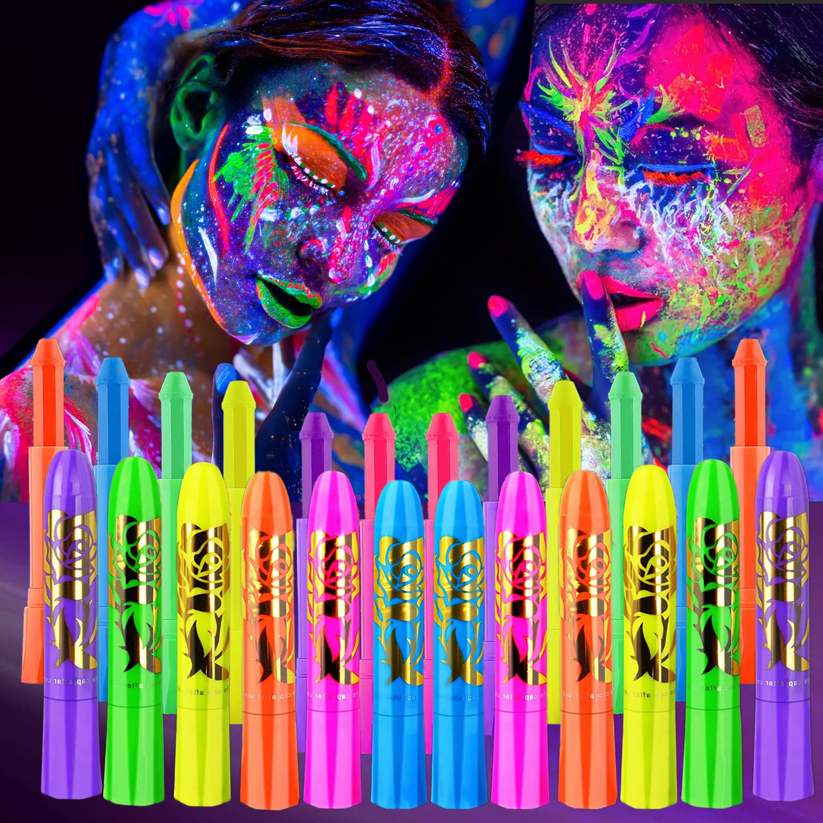 Eyigylyo kit peintures visage néon, éclat lumineux sous lumière ultraviolette.