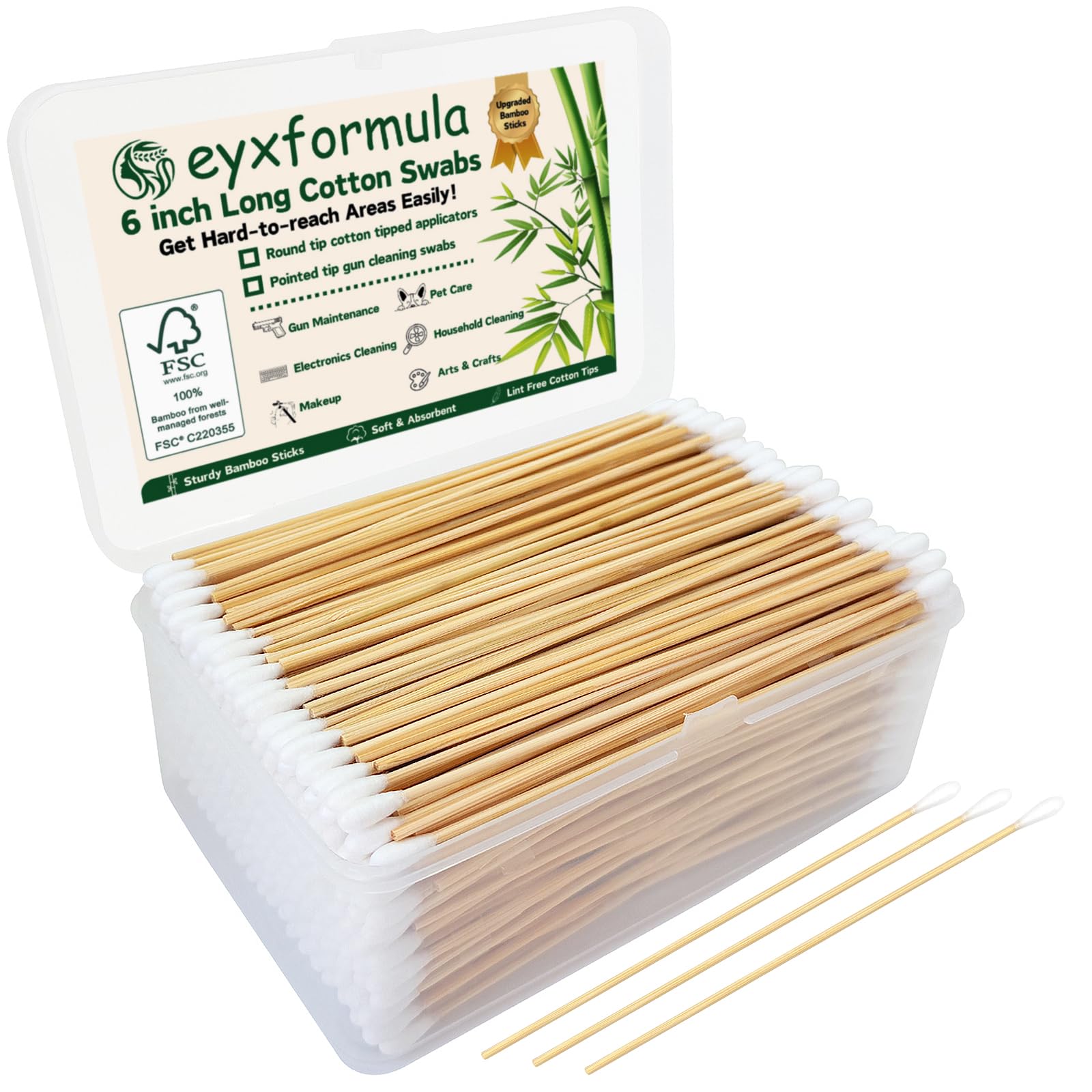 Ey xformula hisopos de algodón 6 pulgadas con palitos de bambú, cobertura amplia y sin pelusa.