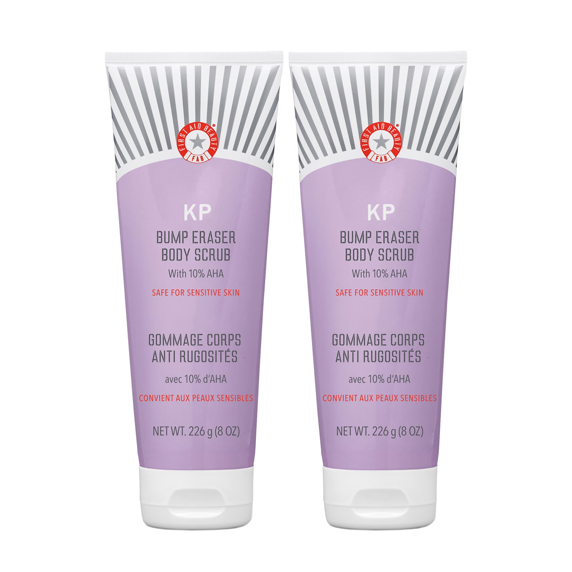 FAB exfoliante corporal KP Bump Eraser, frasco visible para piel suave y uniforme