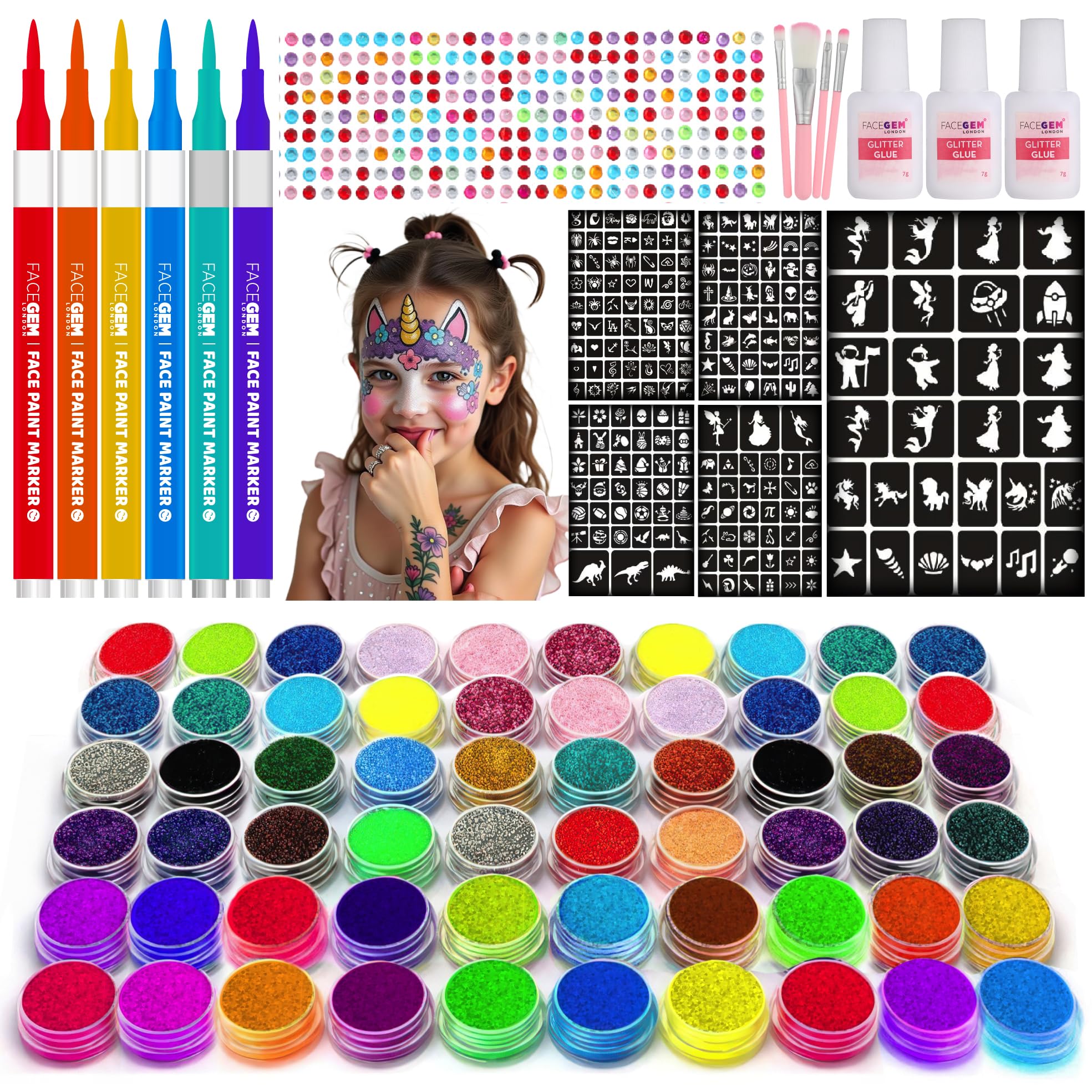 FACEGEM LONDON tatuajes brillantes con 60 colores para niños