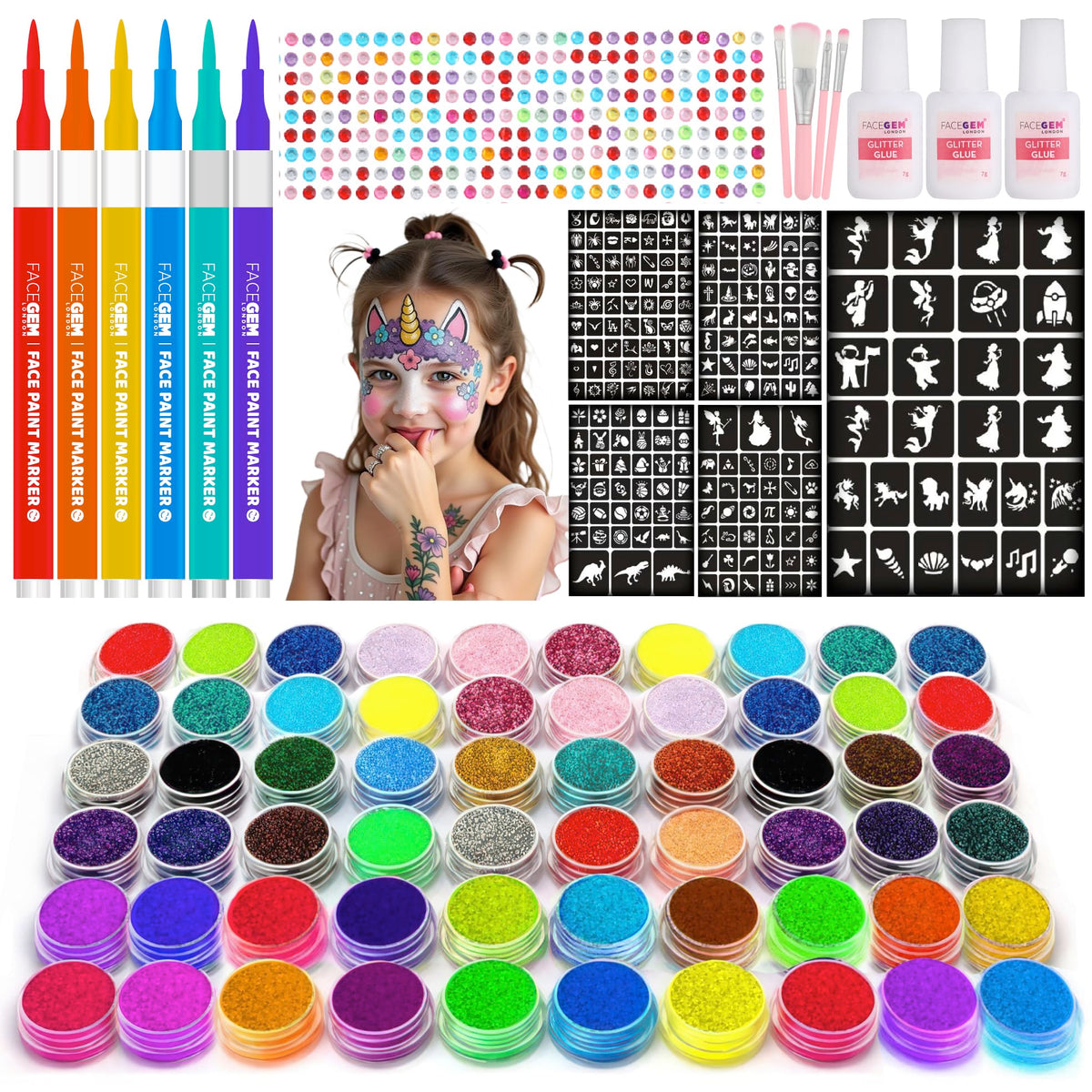FACEGEM LONDON tatuajes brillantes con 60 colores para niños