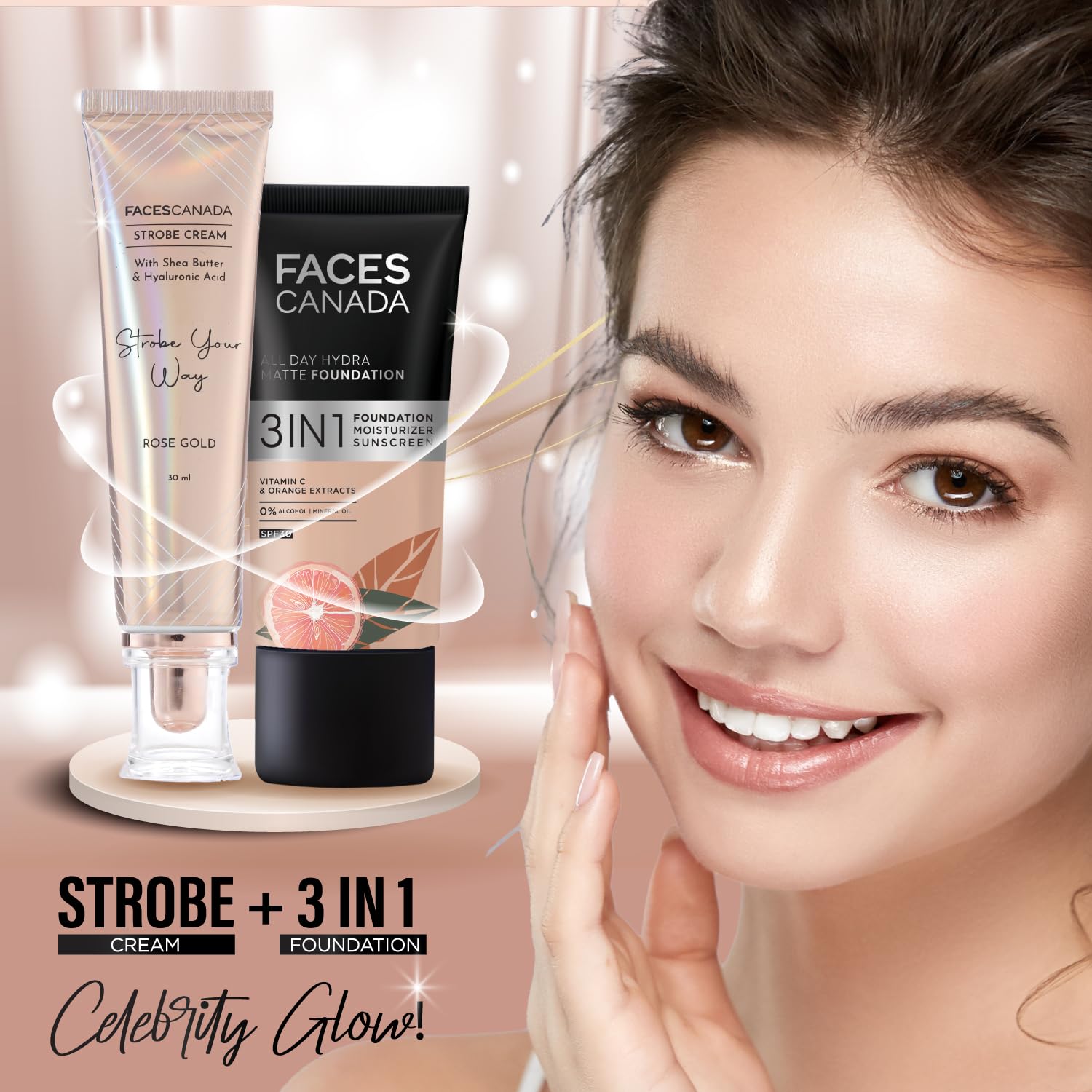 FACESCANADA Strobe Cream Rose Gold, aplicación suave hidrata y añade brillo natural.