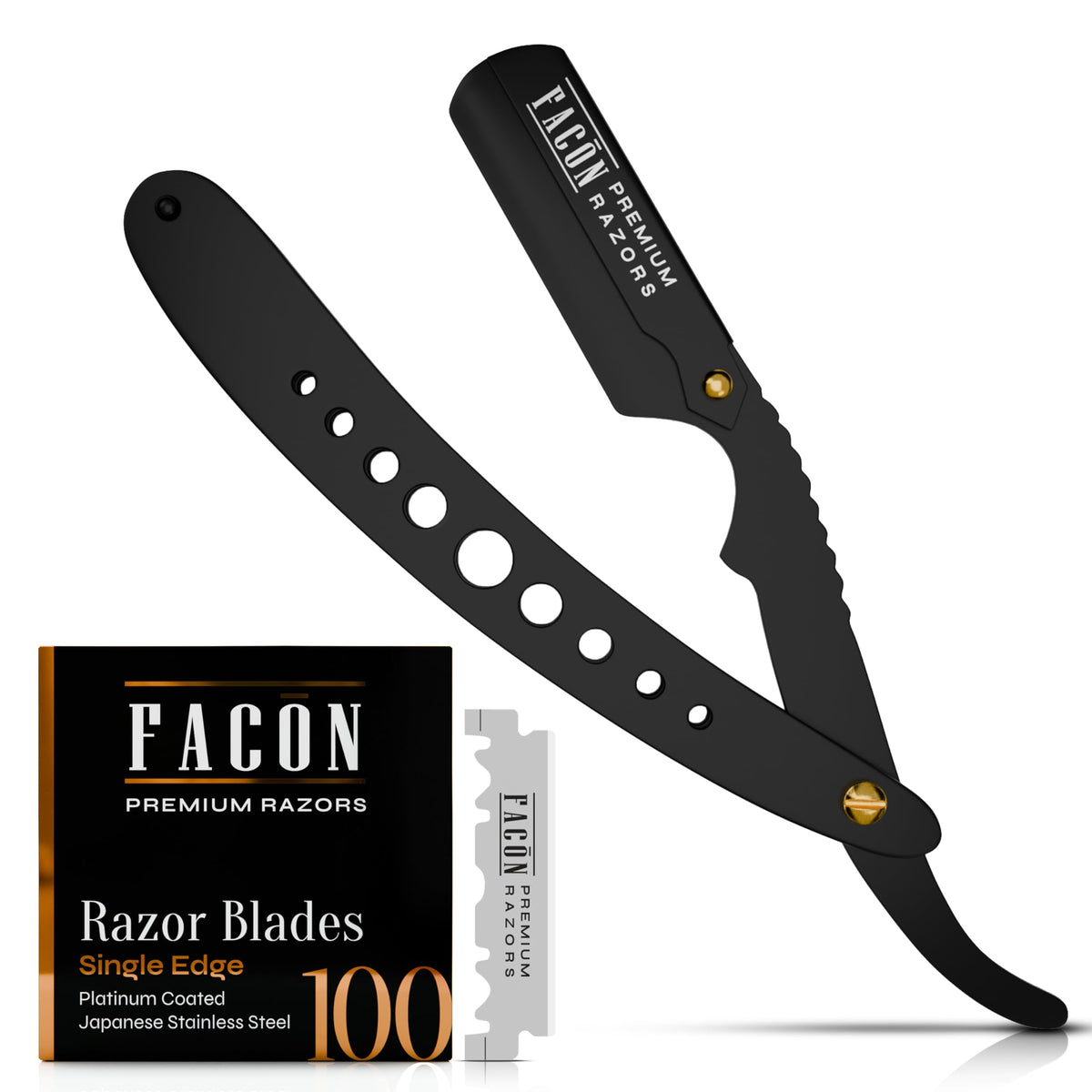 FACON navaja recta con mango ergonómico para control suave durante el afeitado.