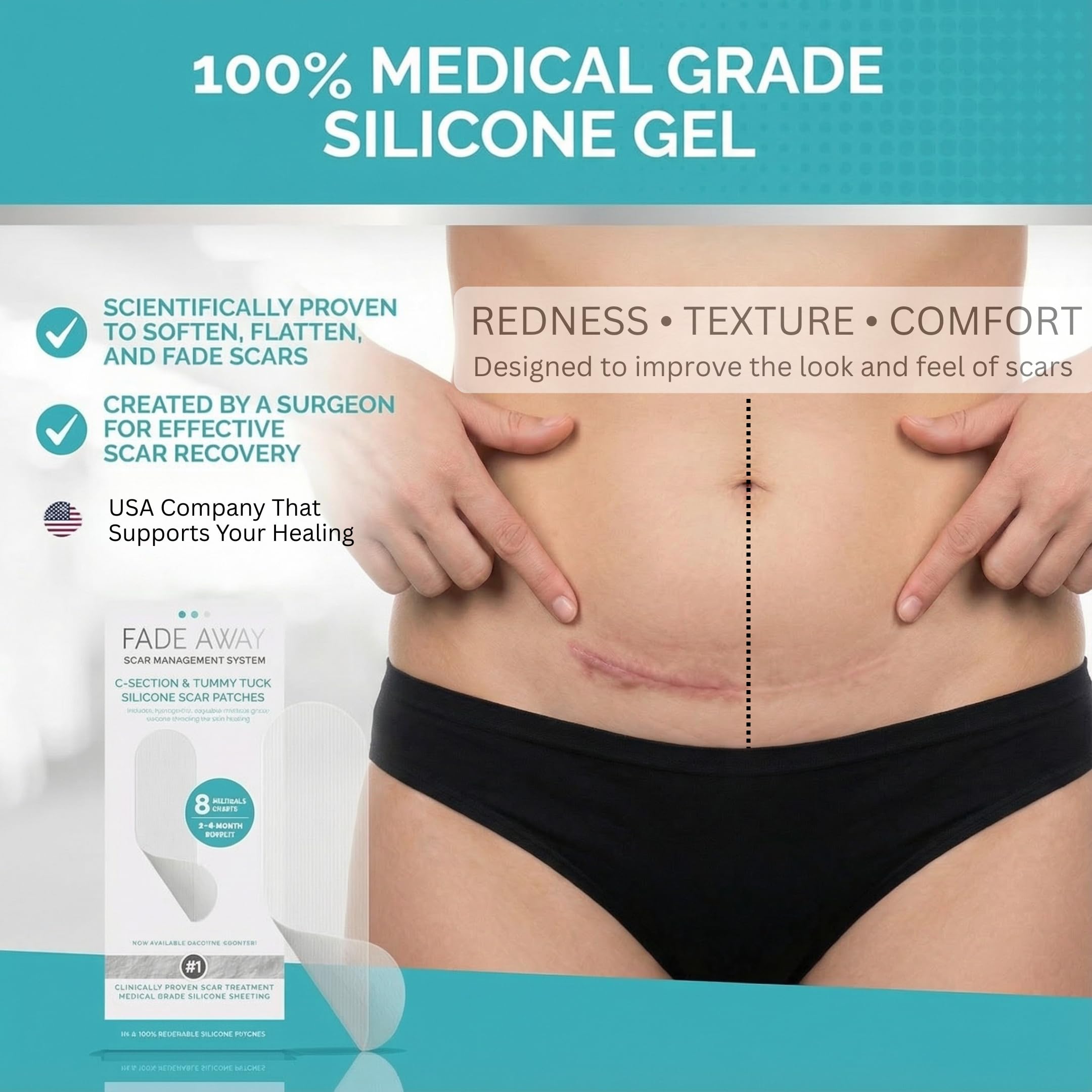 Fade Away parche cicatriz abdominoplastia, ayuda a contornos más suaves.