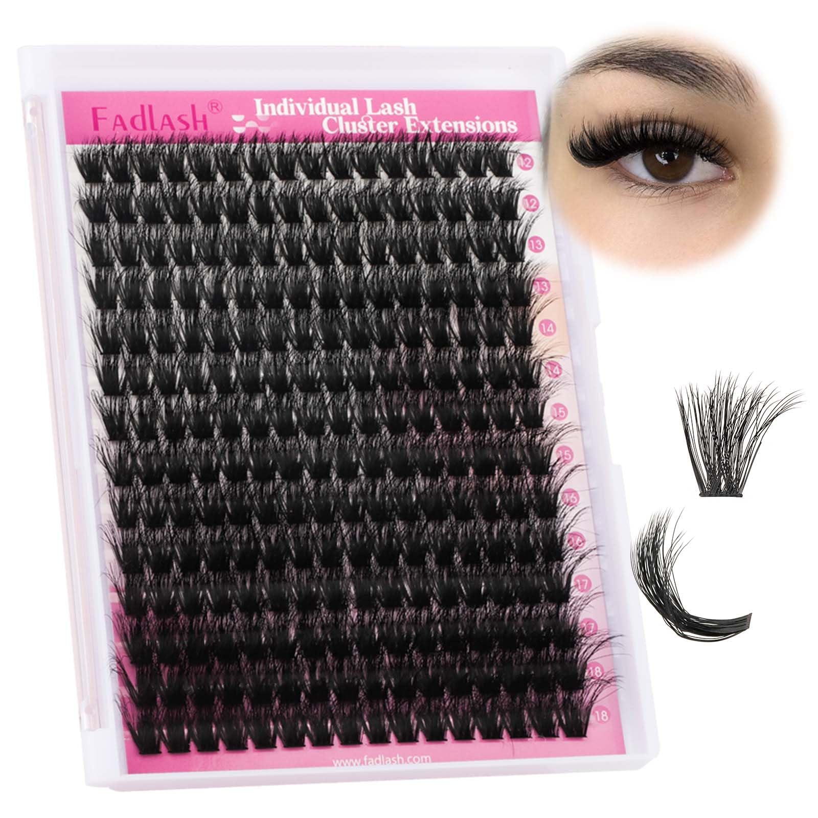 Pestañas FADLASH clústeres 100d esponjosos 12-18mm para volumen suave.