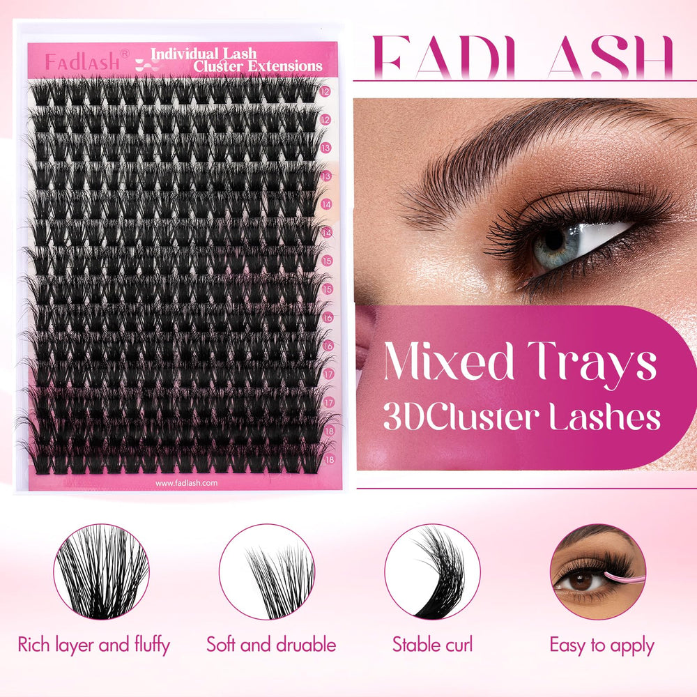 Pestañas FADLASH clústeres 3d efecto denso 12-18mm para look completo.