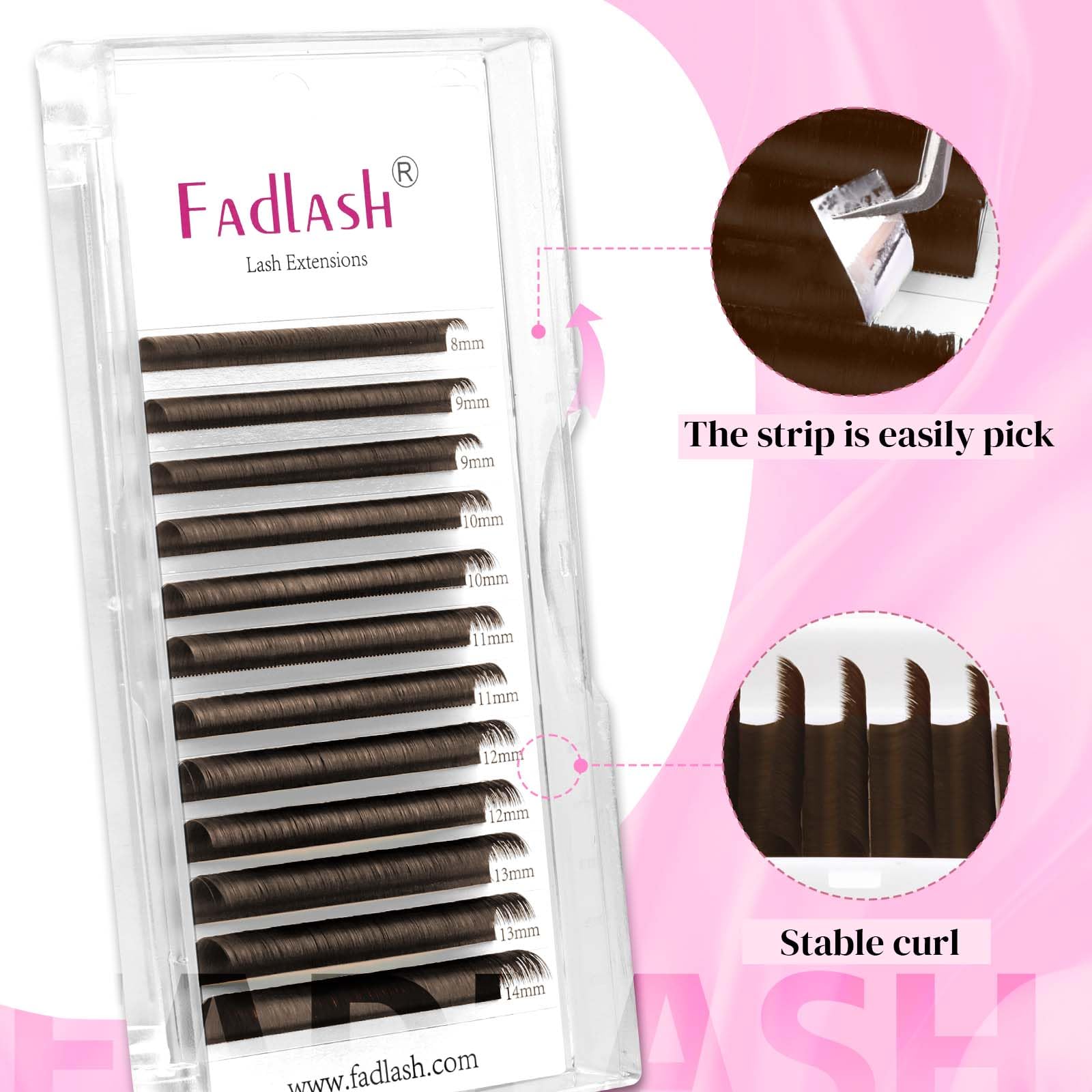 Extensiones FADLASH marrón oscuro 8-14 mm, flexibilidad de longitudes.