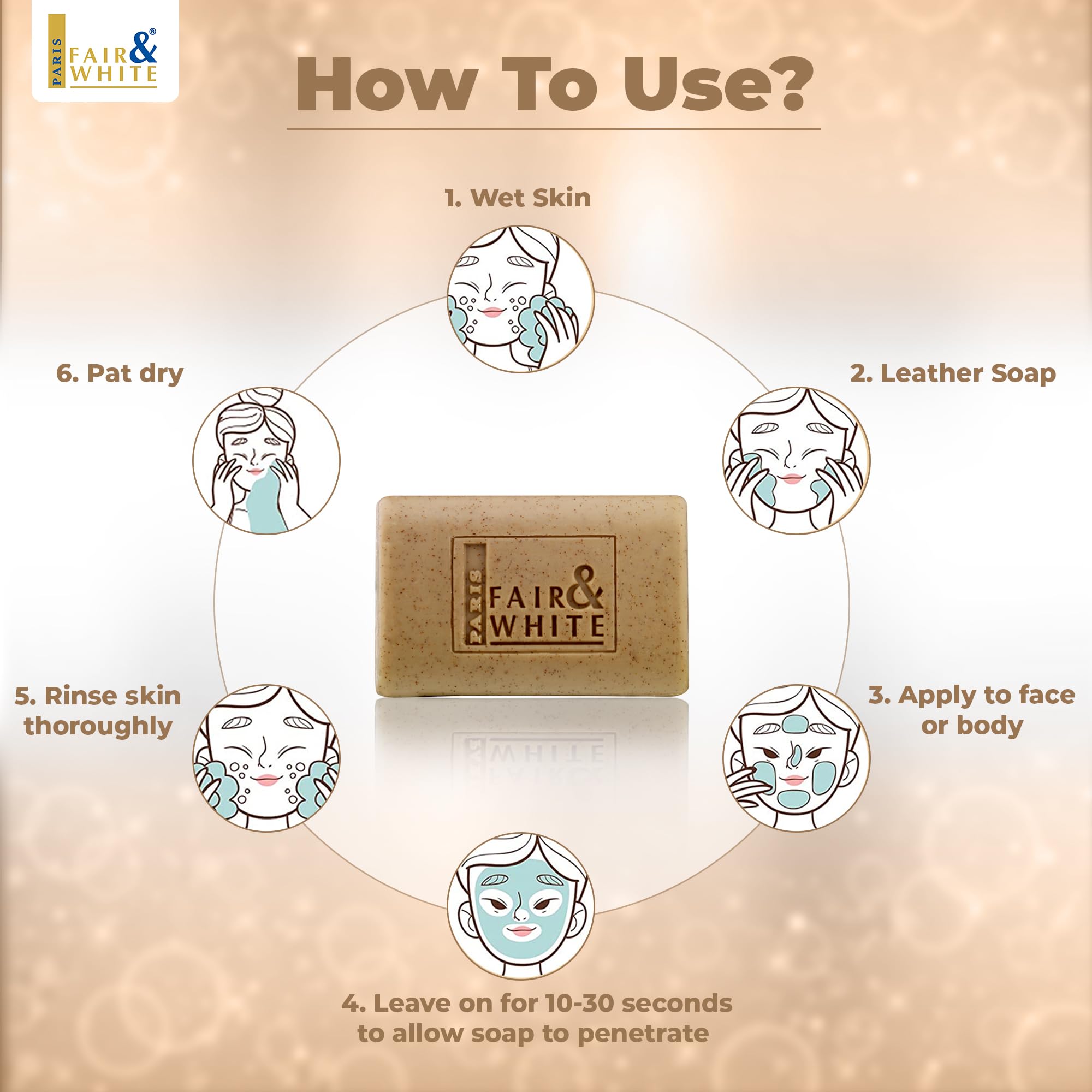 FAIR & WHITE Jabon Exfoliante, aplicación suave en rostro y cuerpo para preparar la piel.